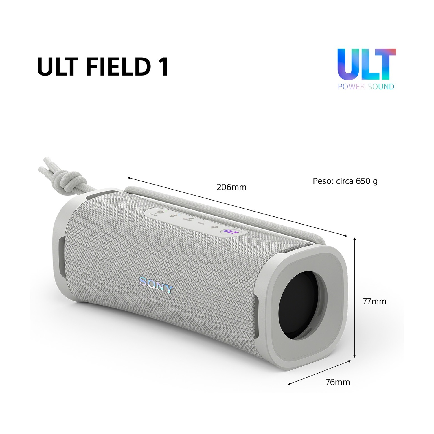 Altoparlante bianco Sony ULT FIELD 1, dimensioni 206x77x76mm, peso 650g.