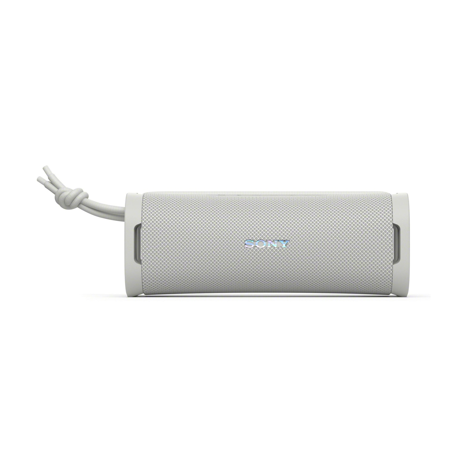 Altoparlante Bluetooth Sony bianco con cavo, su sfondo bianco.