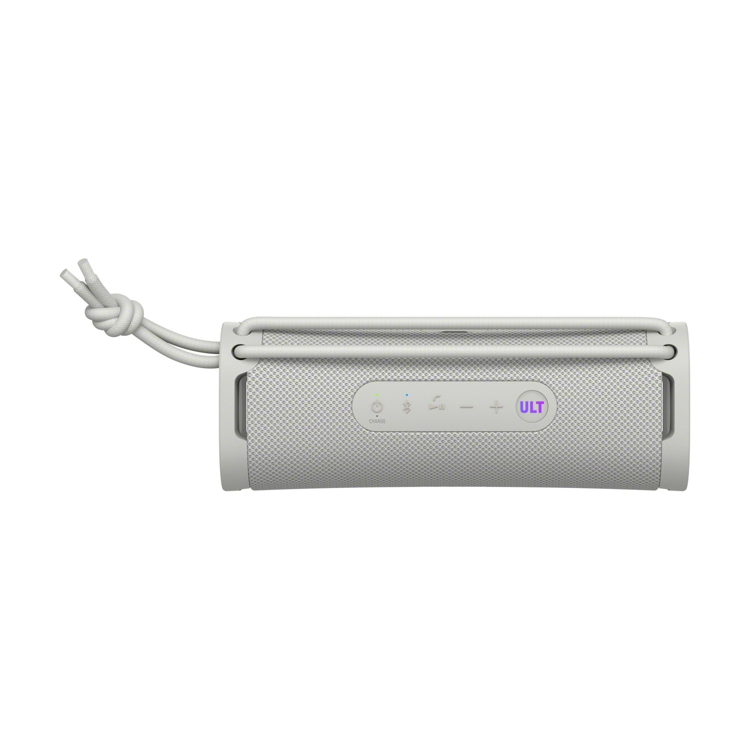 Un altoparlante portatile bianco con cordino e pulsanti di controllo.