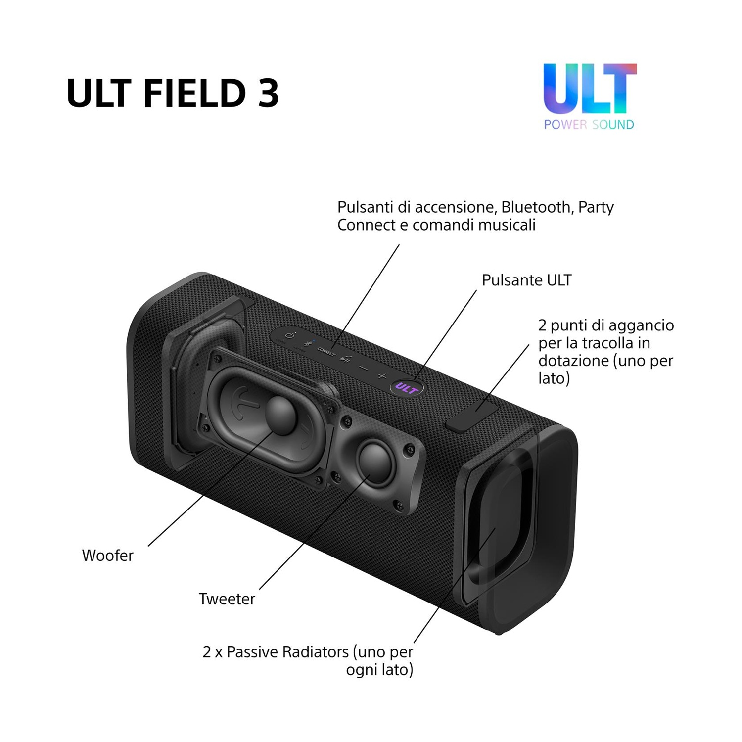 Altoparlante nero con etichette: Woofer, Tweeter, Radiatori passivi, pulsanti.