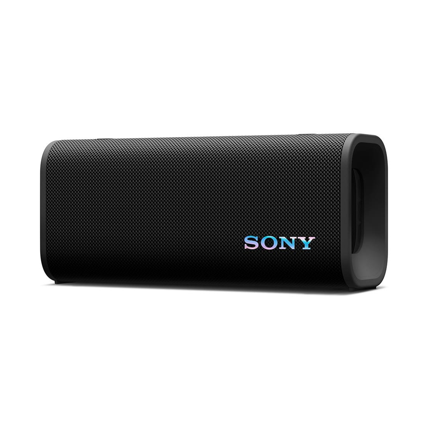 Altoparlante Bluetooth Sony nero con texture a motivi e logo iridescente.