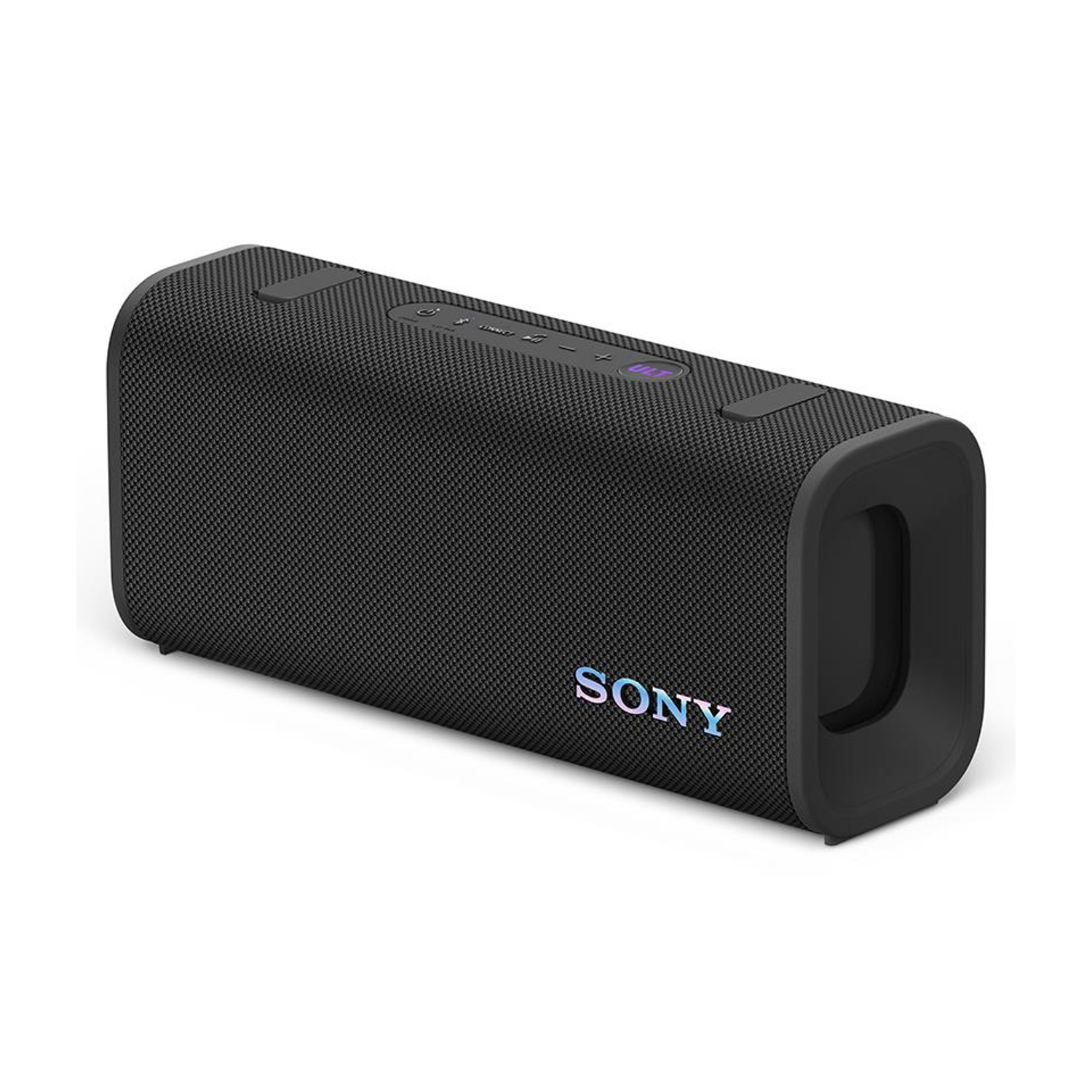 Altoparlante Sony nero con maniglia e logo illuminato.