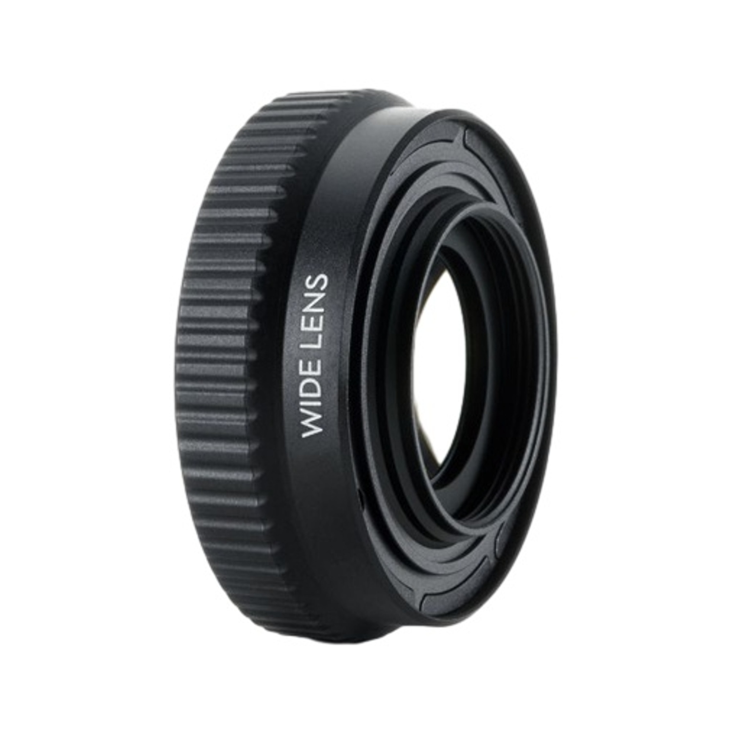 Adattatore obiettivo nero con scritta "WIDE LENS" e impugnatura zigrinata.