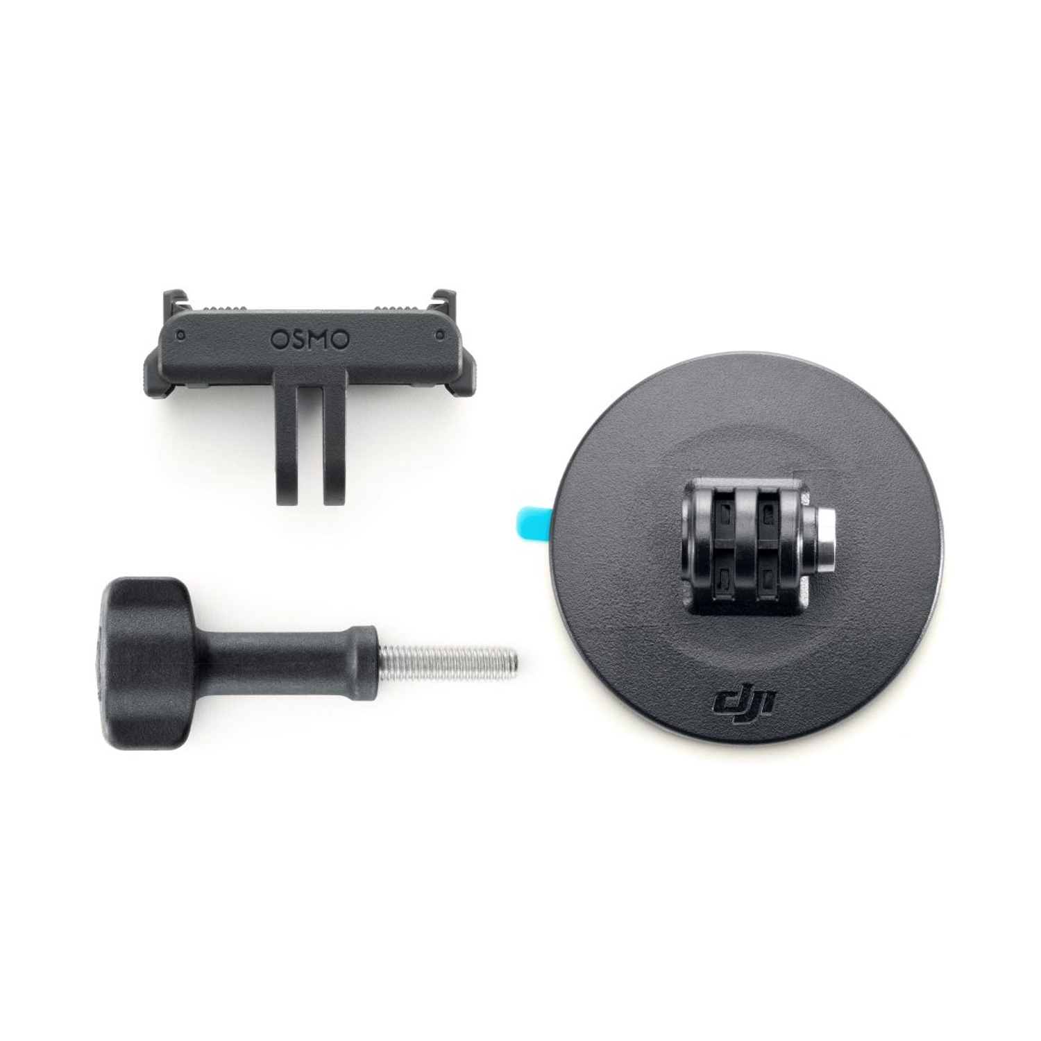 Un supporto a vite nero, un supporto OSMO e un adattatore rotondo nero con logo DJI.