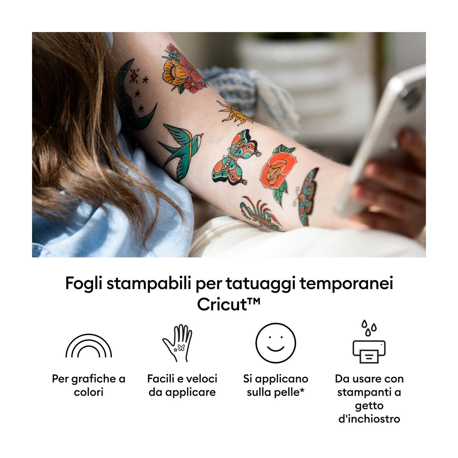 Un braccio adornato con tatuaggi temporanei colorati di farfalle, uccelli e fiori.