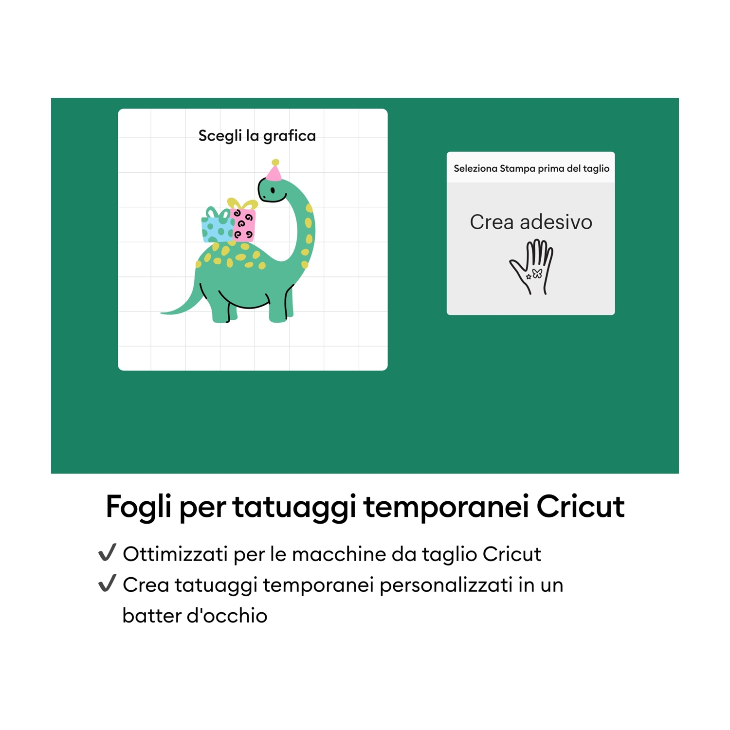 Dinosauro verde con regali sulla schiena e cappello da festa. Testo in italiano.
