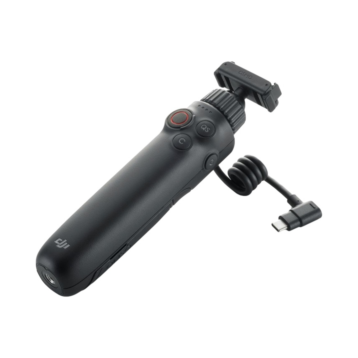 Manico gimbal DJI nero con cavo USB-C e supporto.