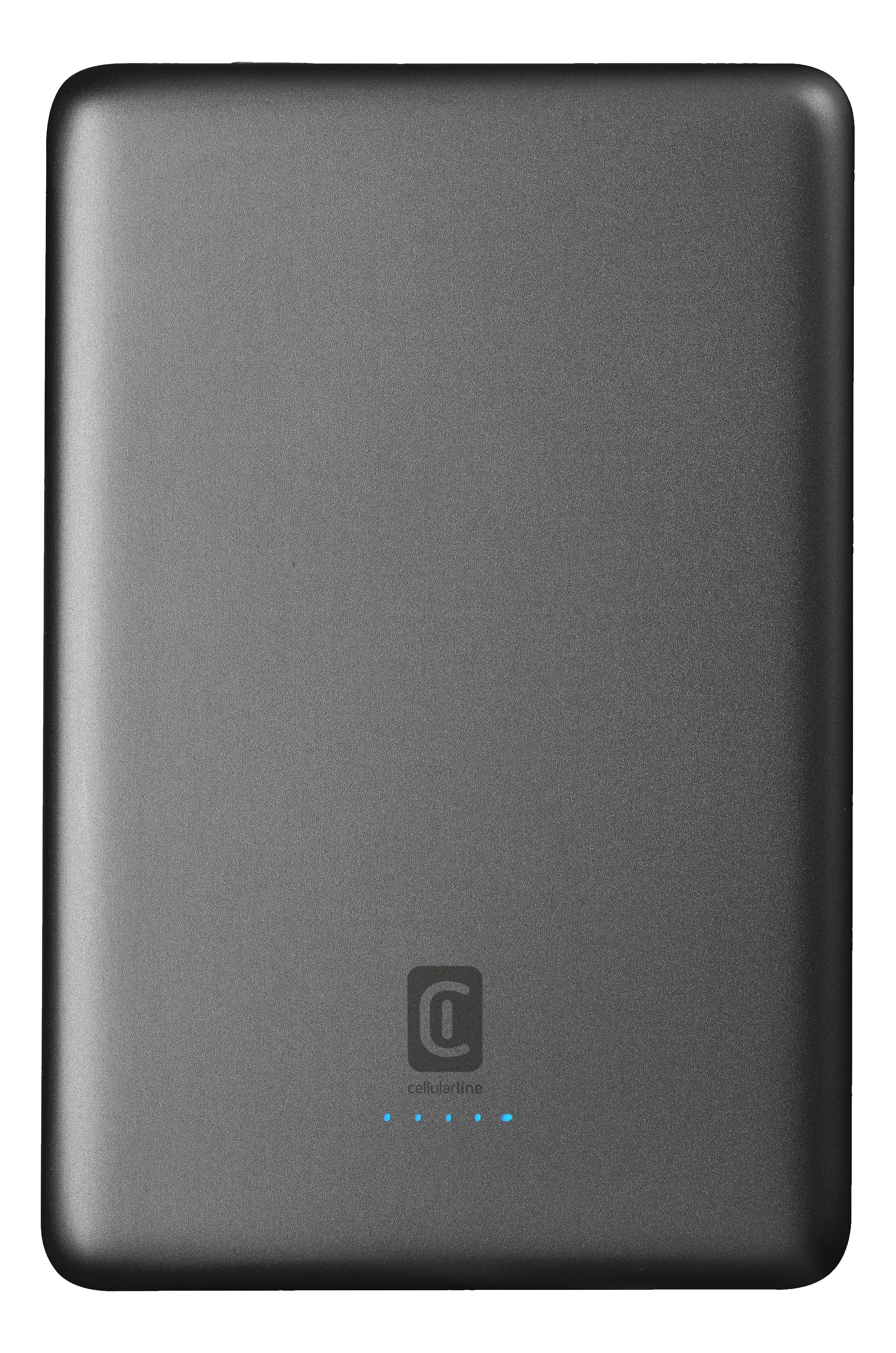 Batterie externe grise avec logo et indicateurs de charge bleus.