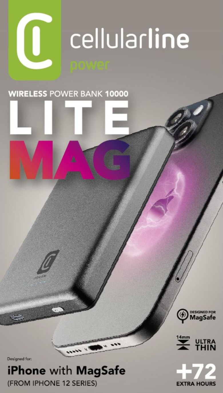Batterie externe Cellularline LITE MAG pour iPhone avec MagSafe. 10000mAh, ultra-fine.