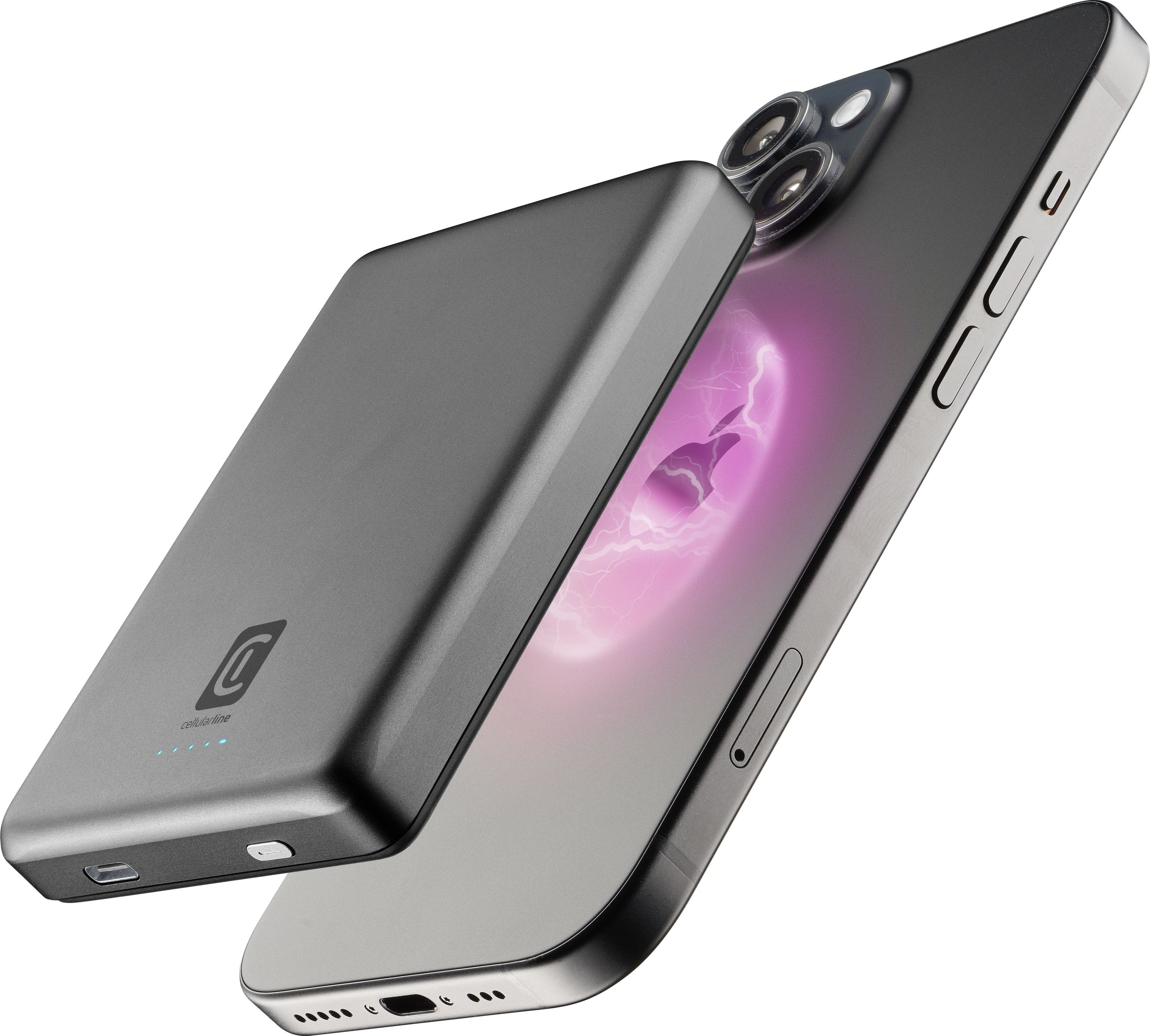Un smartphone gris est à côté d'une power bank grise. L'écran du téléphone affiche un graphique violet.
