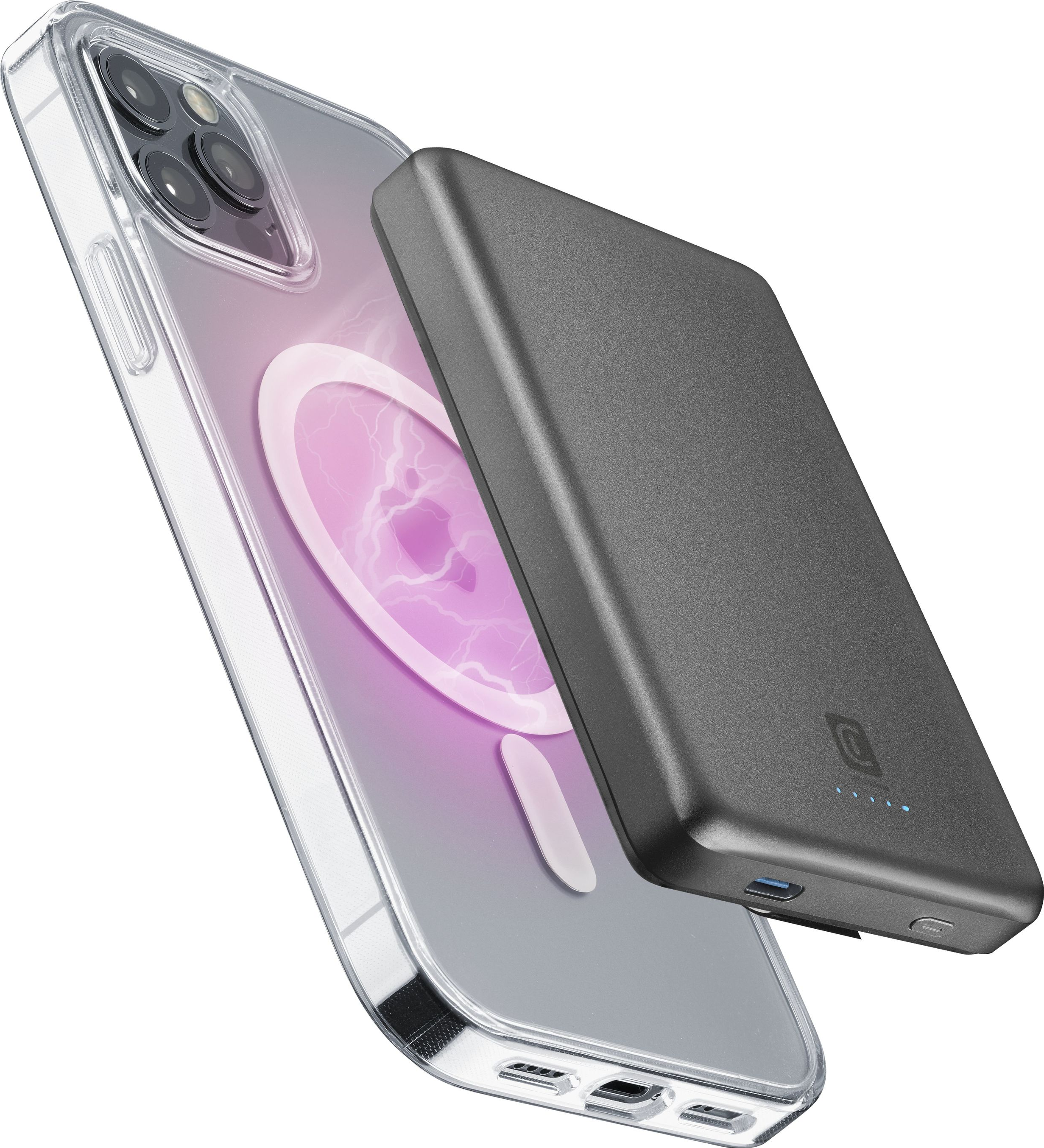 Un chargeur sombre repose sur un téléphone transparent avec indicateur de charge rose.