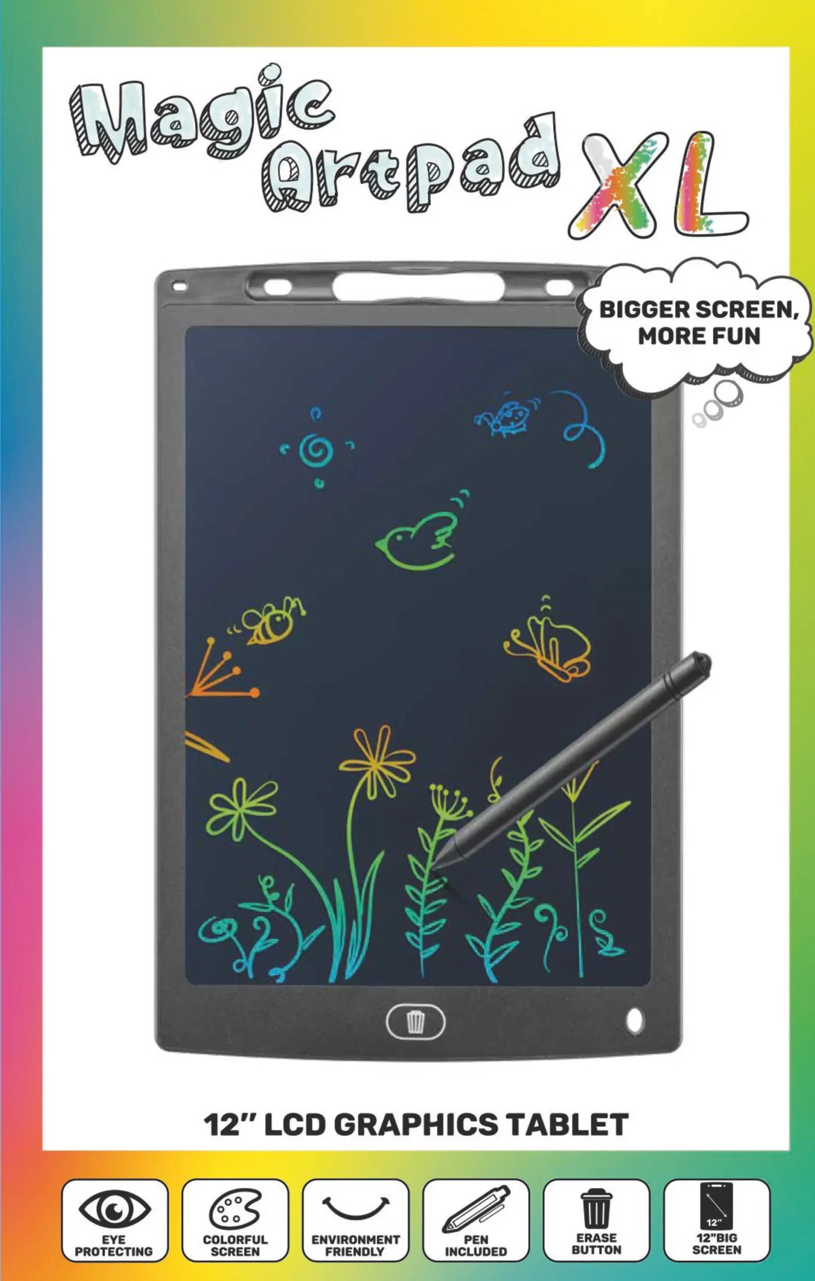 Ein schwarzes LCD-Grafiktablett mit bunten Zeichnungen von Blumen, Bienen und einem Vogel.