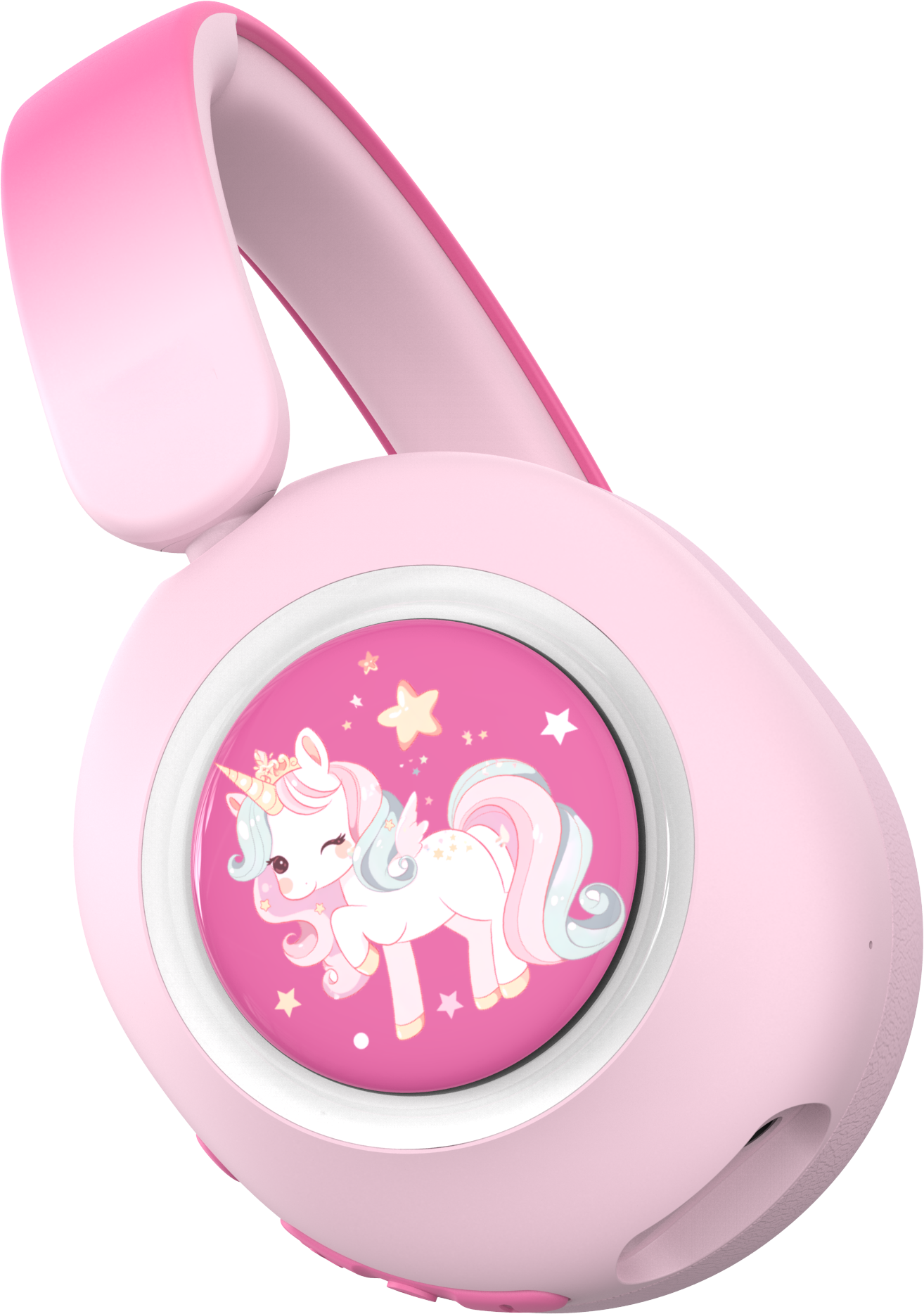 Cuffie rosa con design di unicorno alato e stelle sul padiglione.