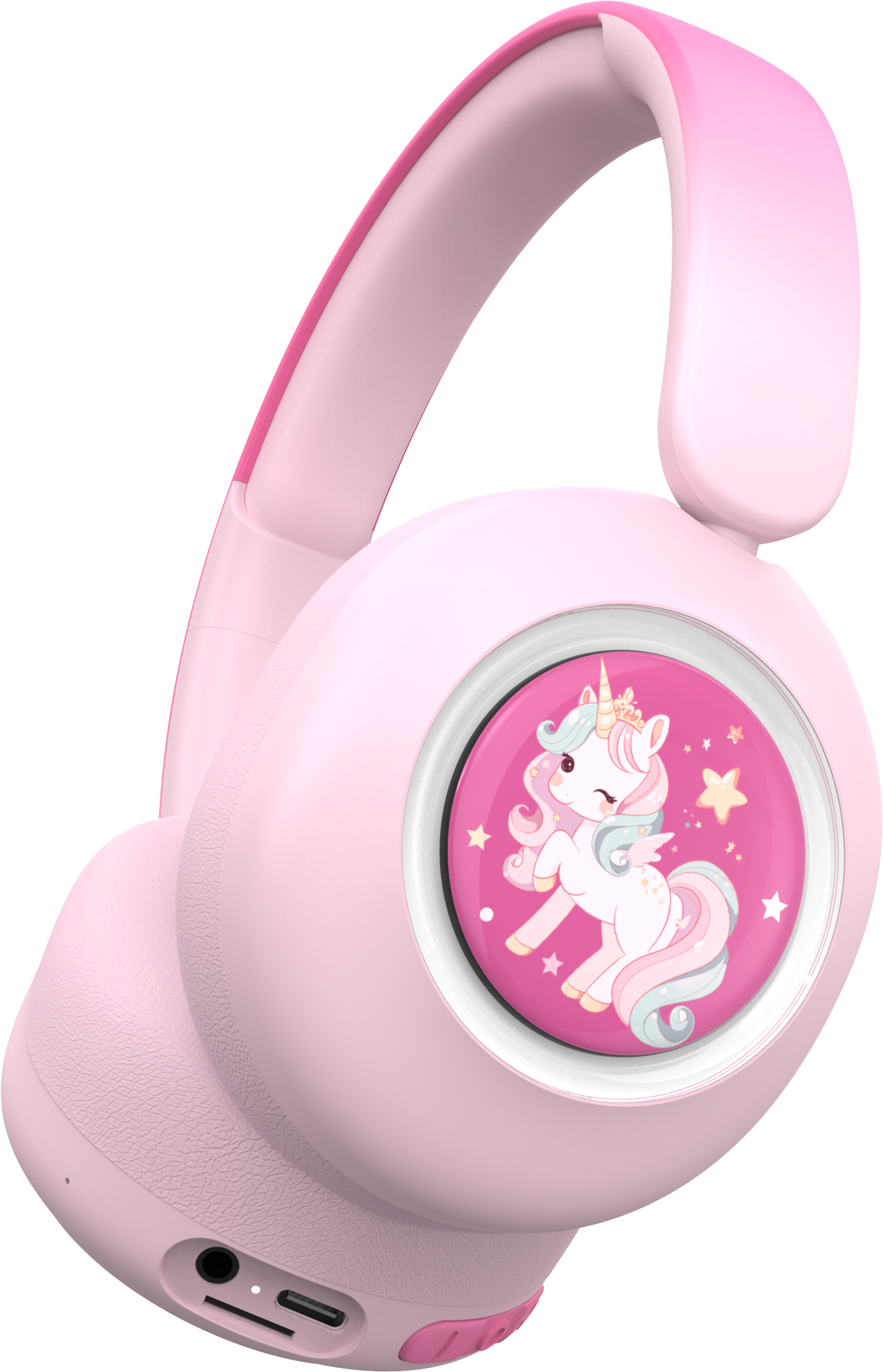 Cuffie rosa con grafica di unicorno che fa l'occhiolino sull'auricolare. Pulsanti volume.