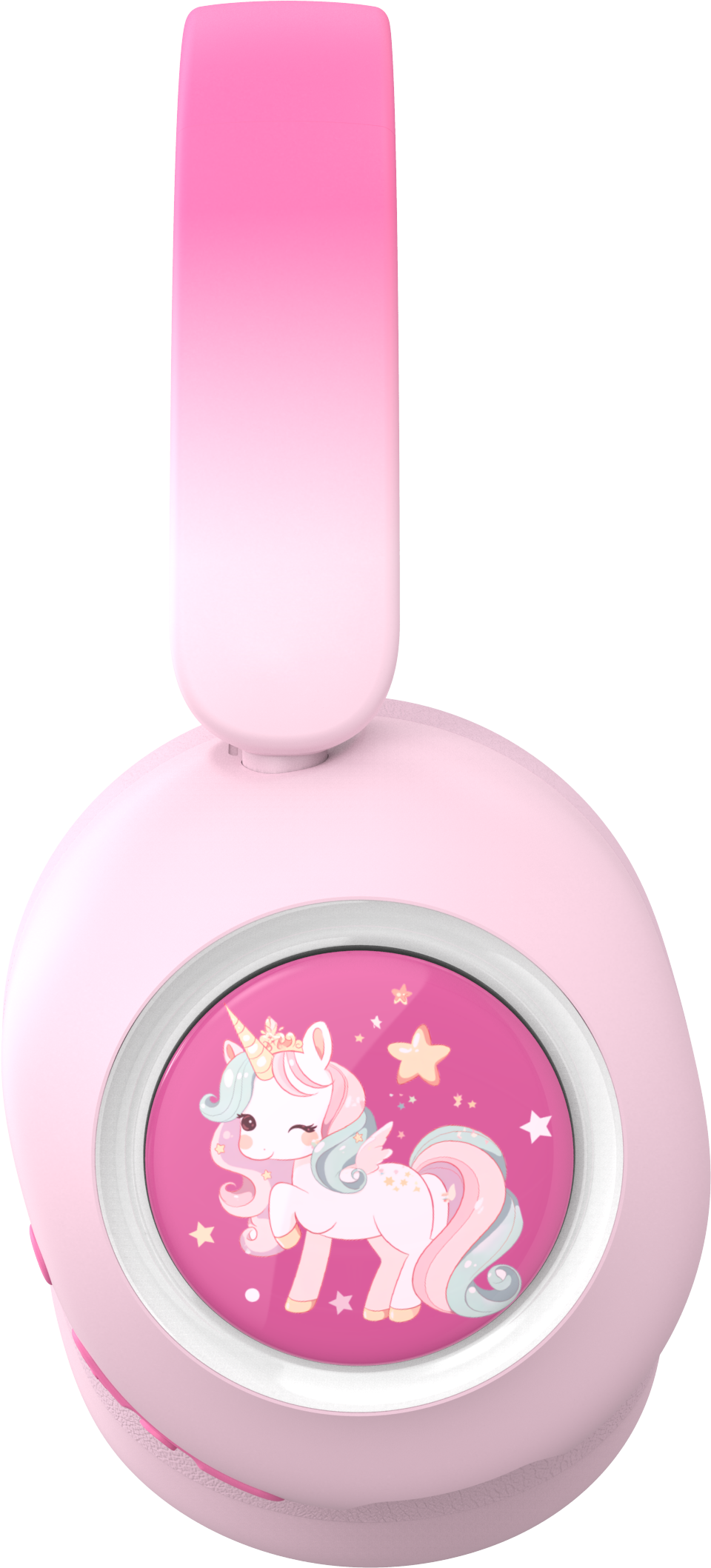 Cuffie rosa con stampa unicorno sul padiglione e sfumatura rosa sull'archetto.