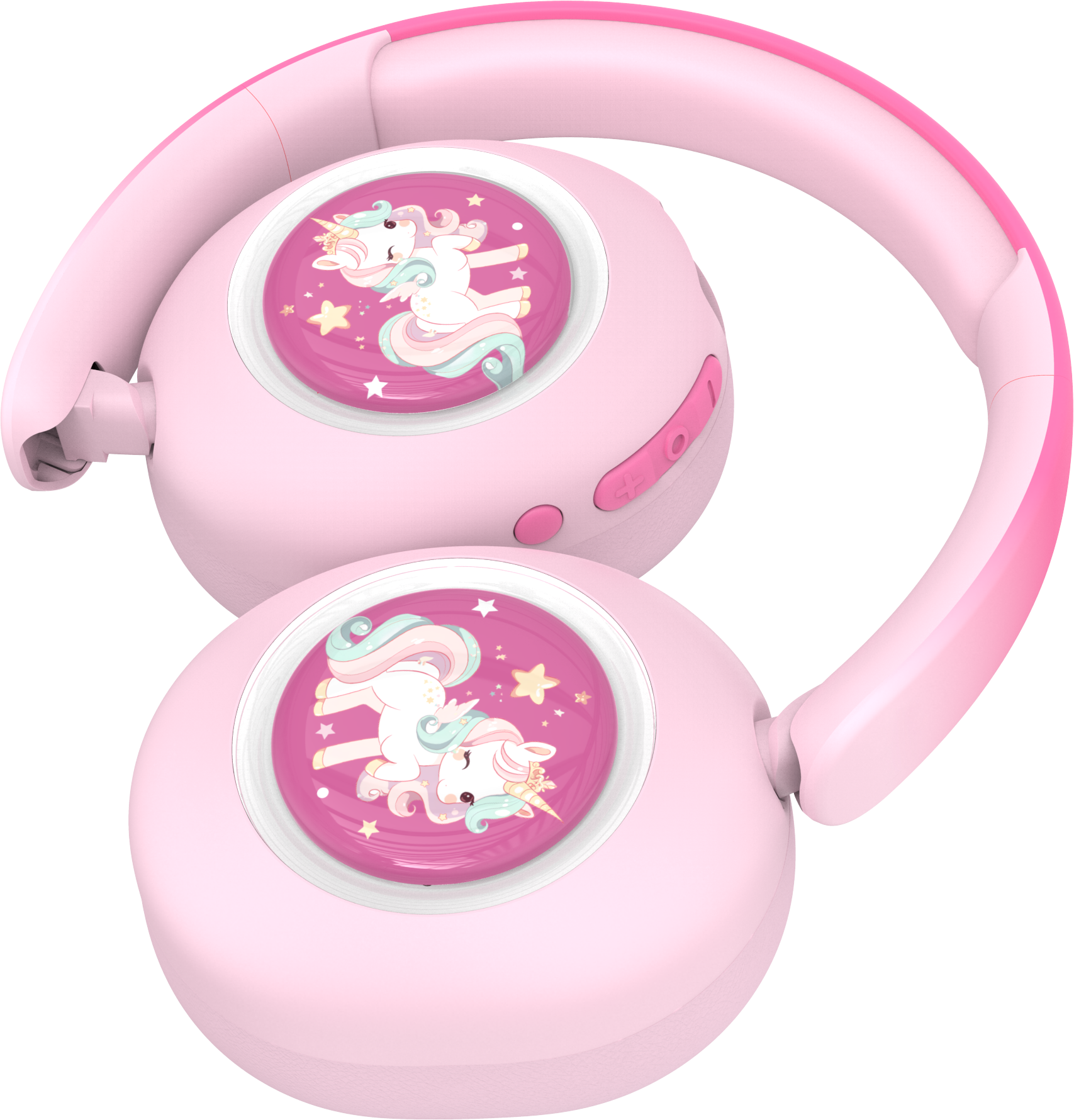 Cuffie rosa con disegni di unicorni e stelle.