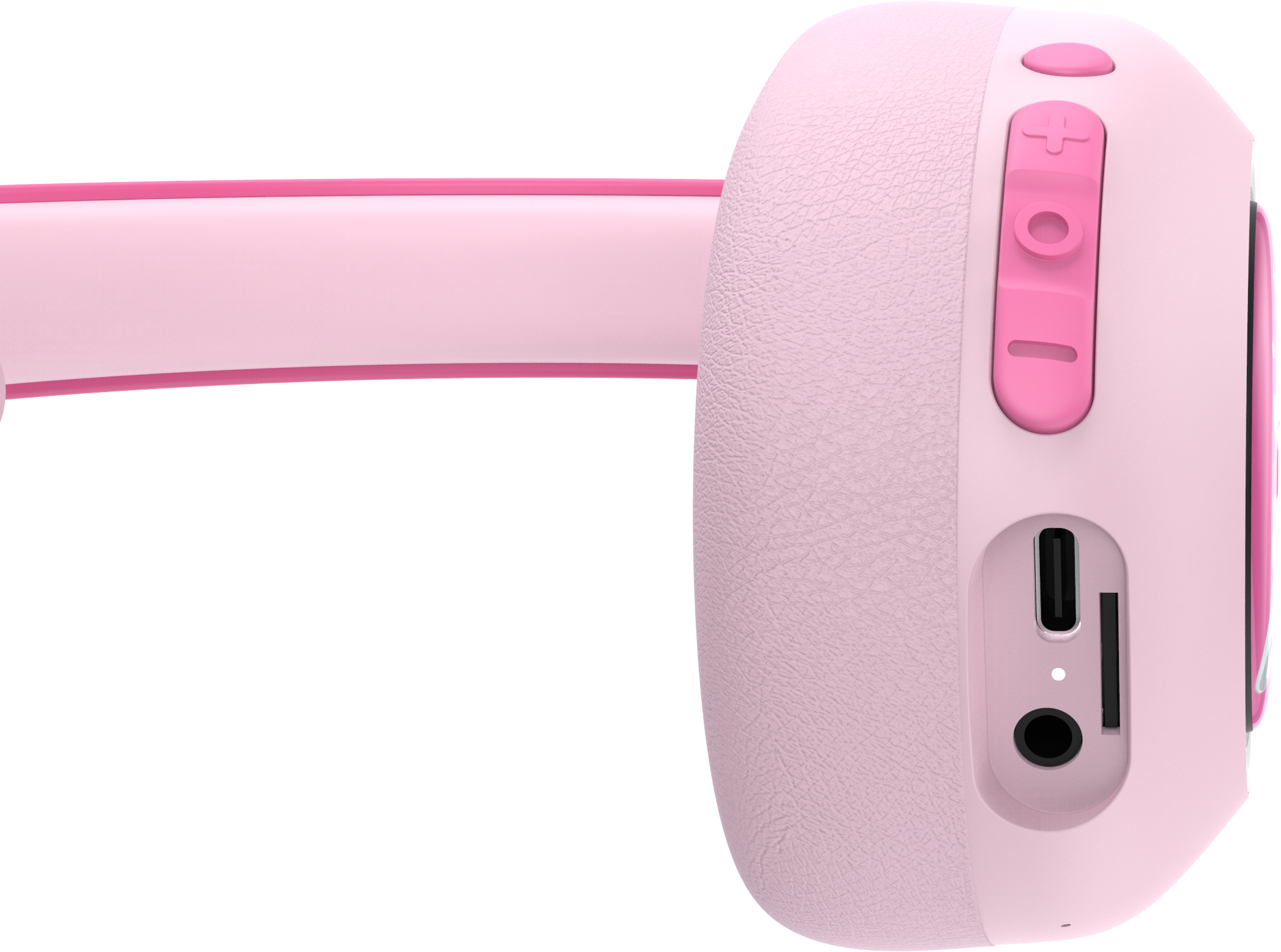 Cuffie rosa con tasti volume, accensione, USB-C e jack cuffie.