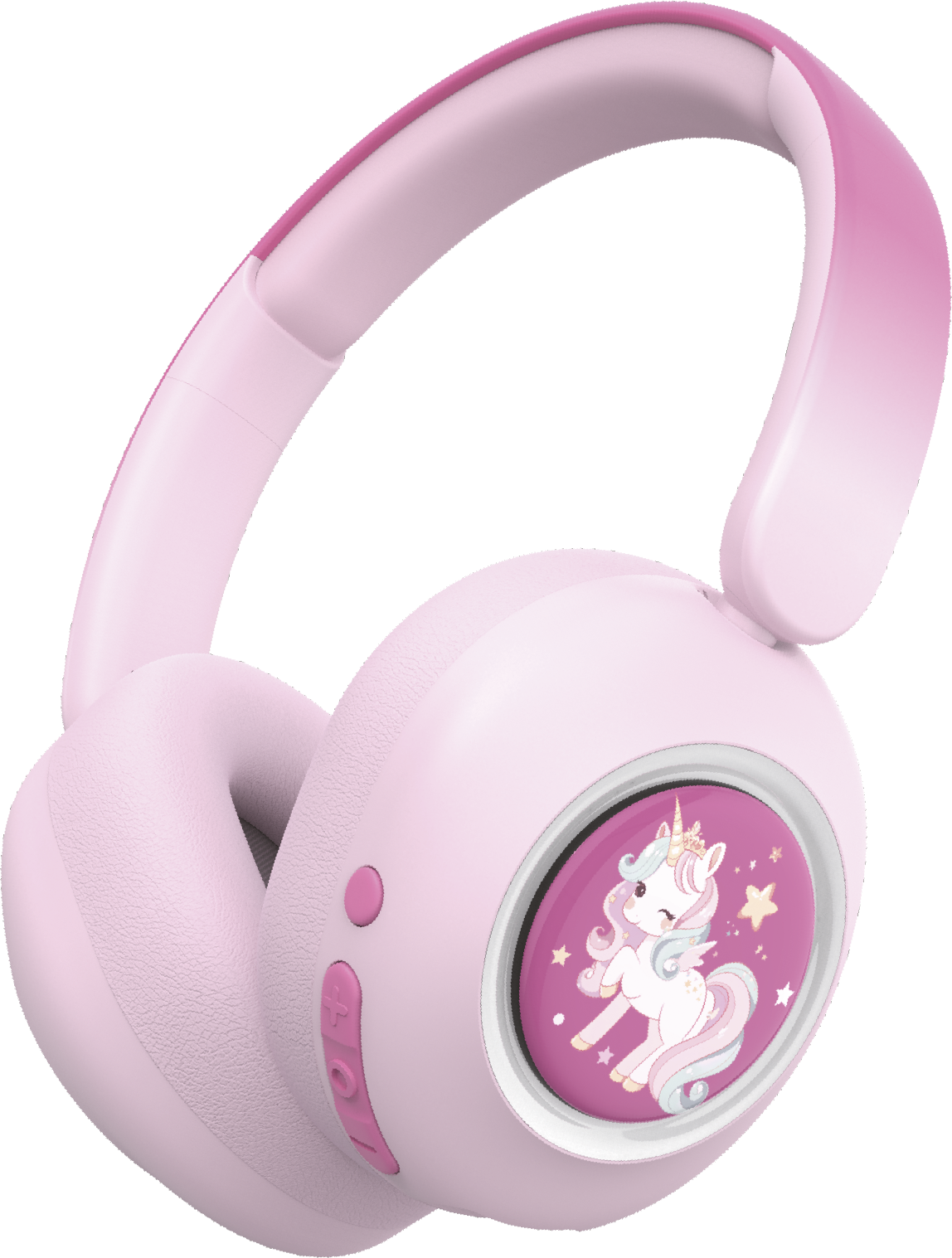 Cuffie rosa con adesivo unicorno e accenti rosa.