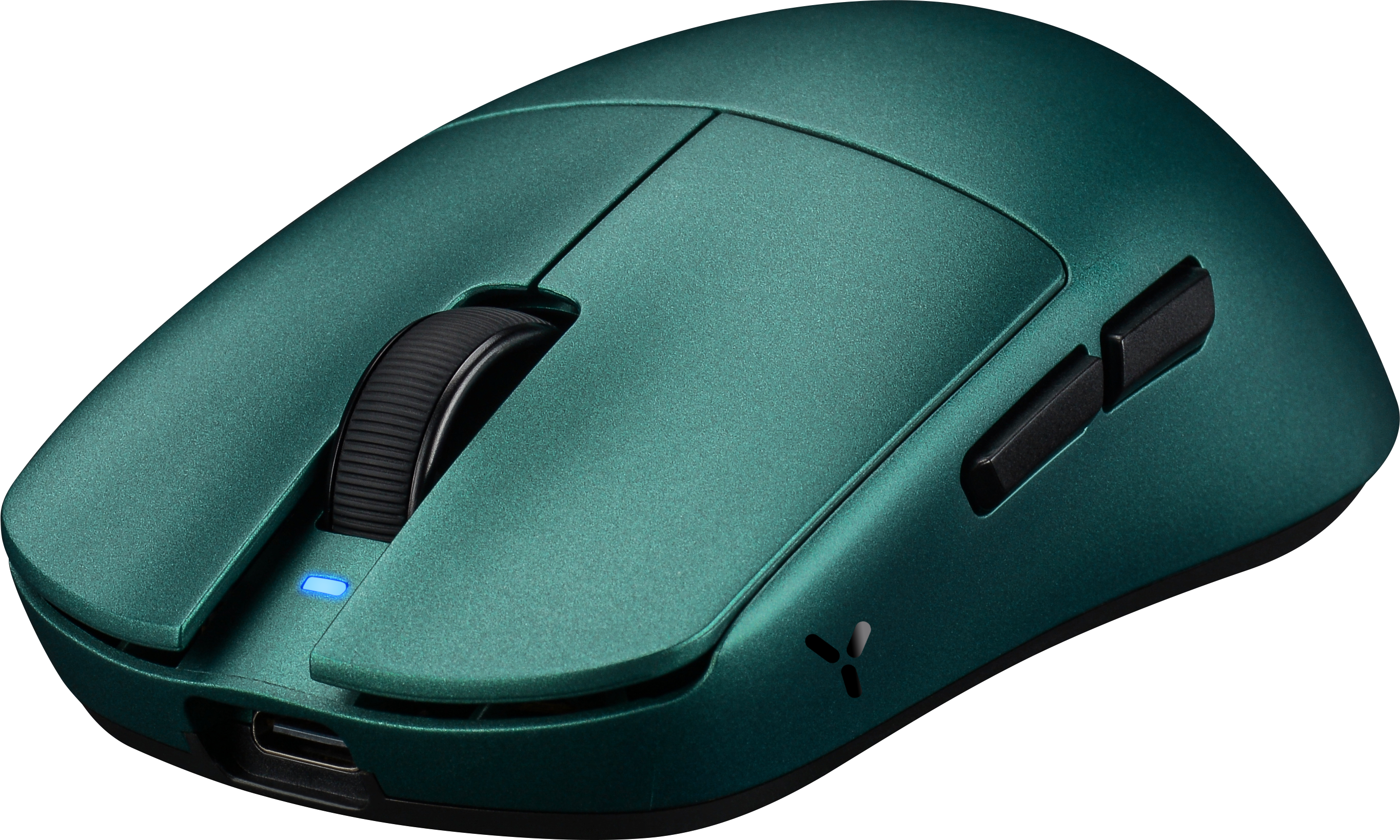 Eine grüne kabellose Computermaus mit Scrollrad und blauer LED.