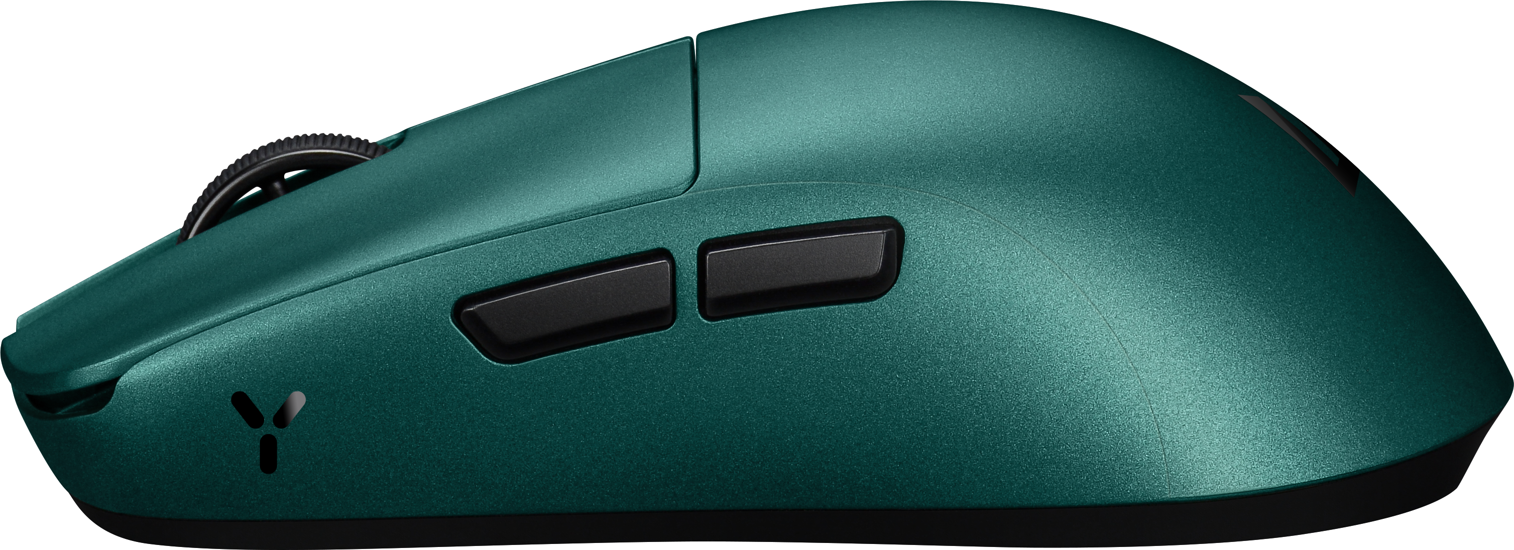 Grüne Computermouse mit Scrollrad und zwei Tasten, seitliche Ansicht.