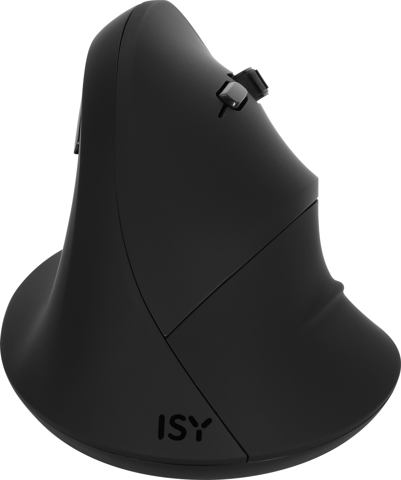 Mouse verticale nero con logo ISY su sfondo bianco.