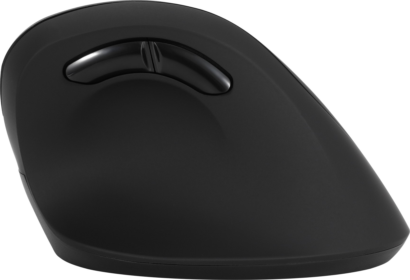 Un mouse verticale nero per computer con rotella di scorrimento e due pulsanti.