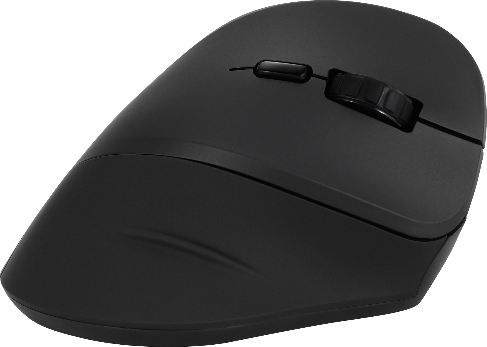 Mouse ergonomico nero per computer con rotellina e pulsanti.