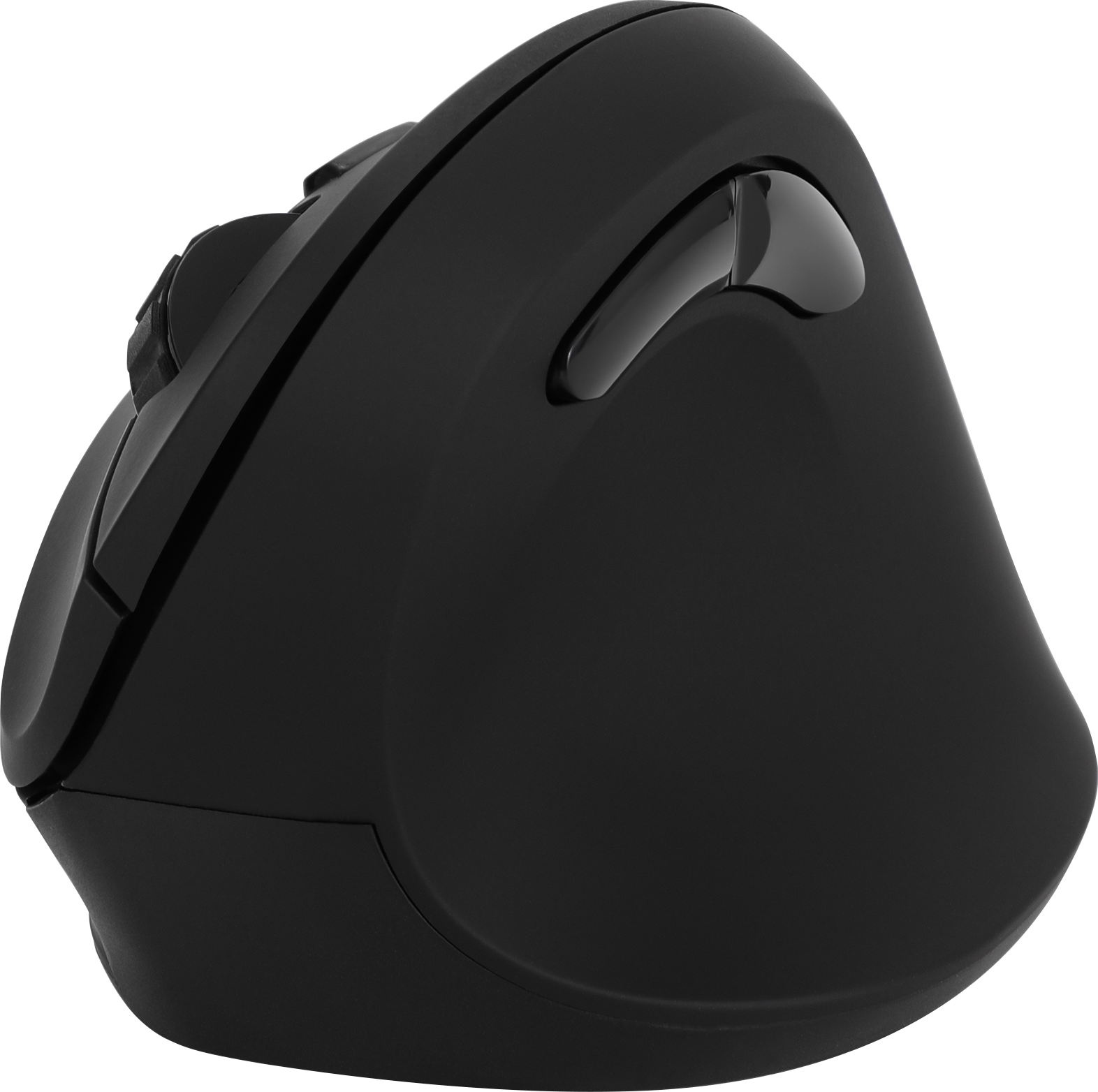 Mouse ergonomico nero con rotellina e pulsanti pollice, vista ravvicinata.