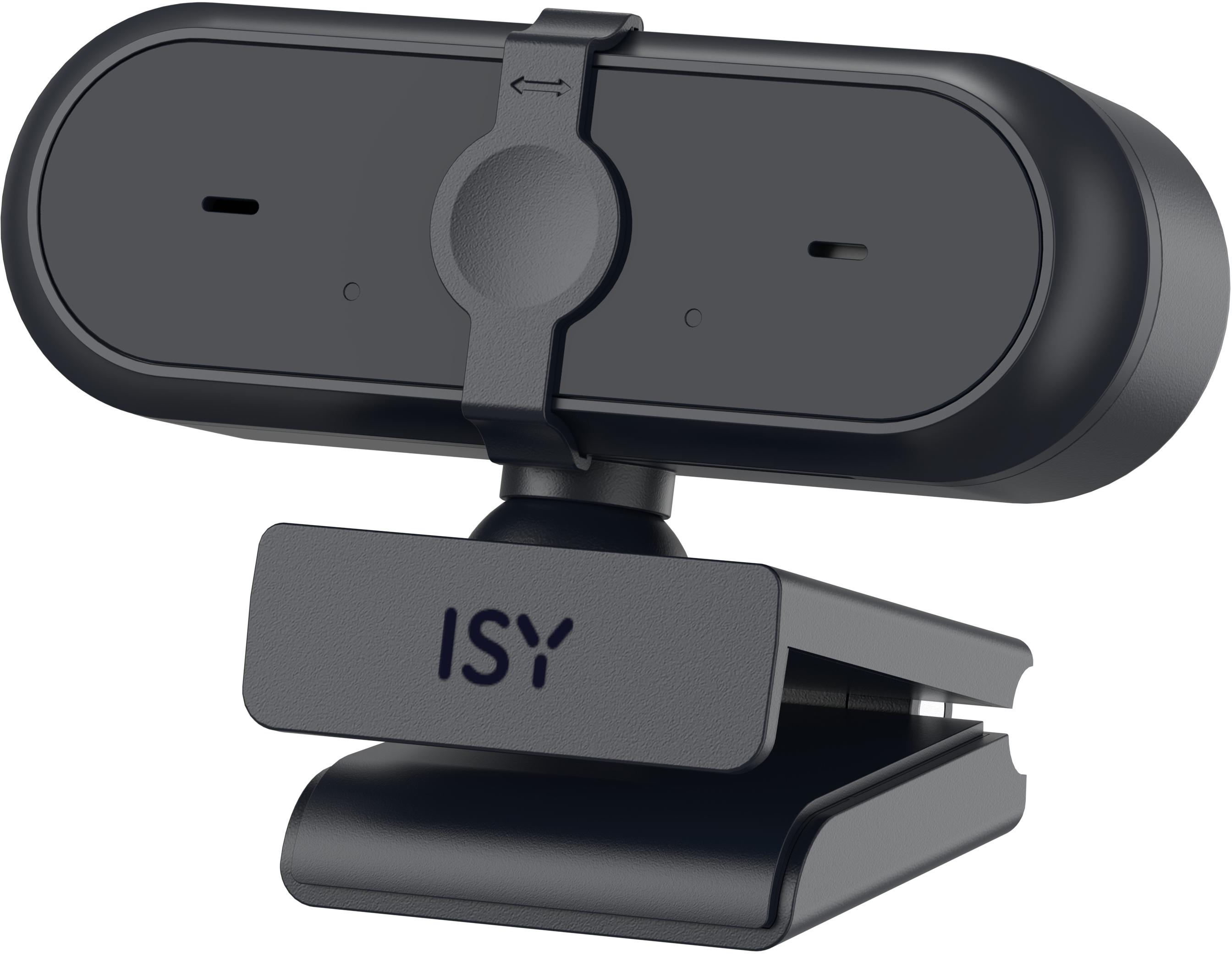Une webcam noire avec logo ISY sur un clip réglable.