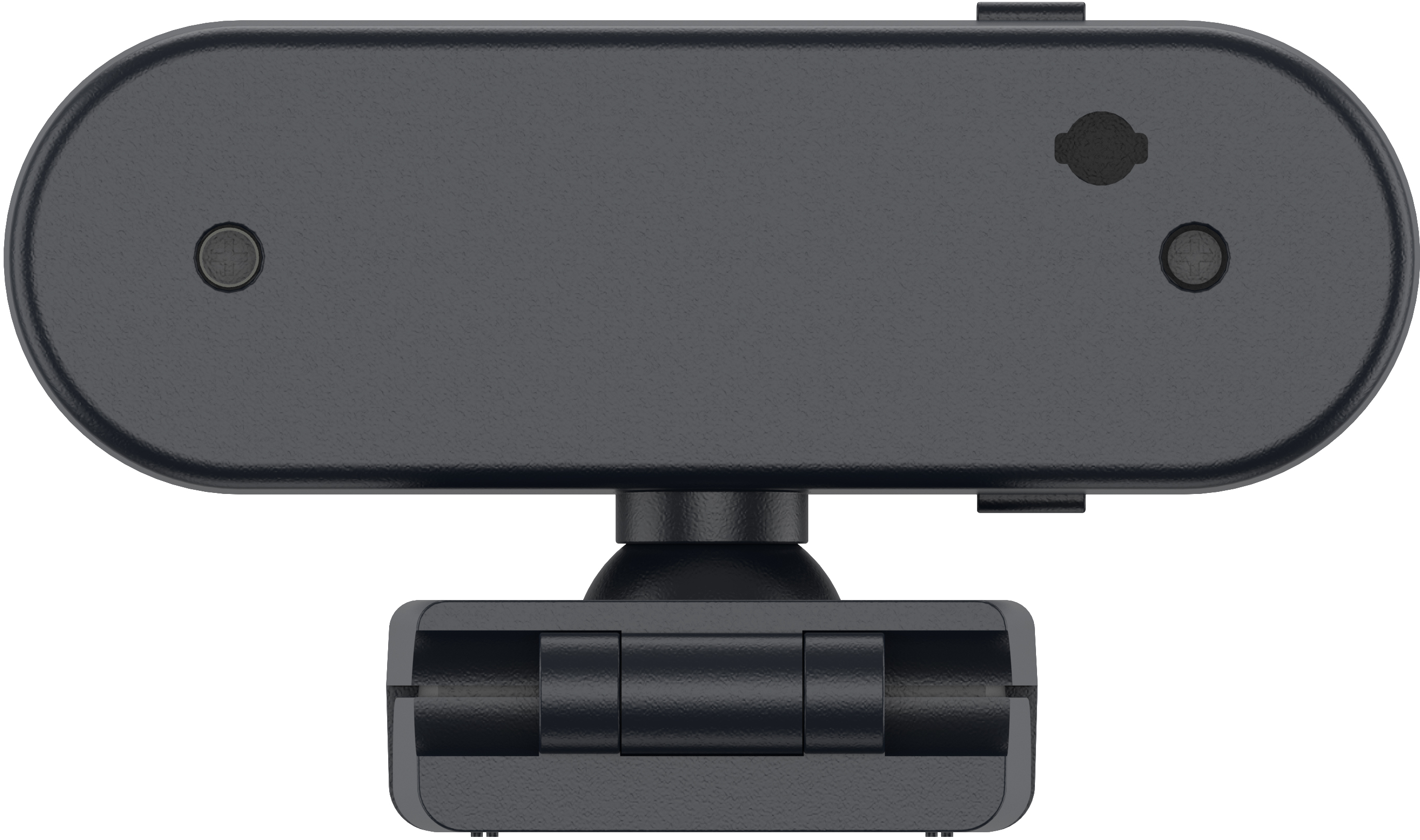Une webcam noire avec un clip pivotant, vue de dessus.