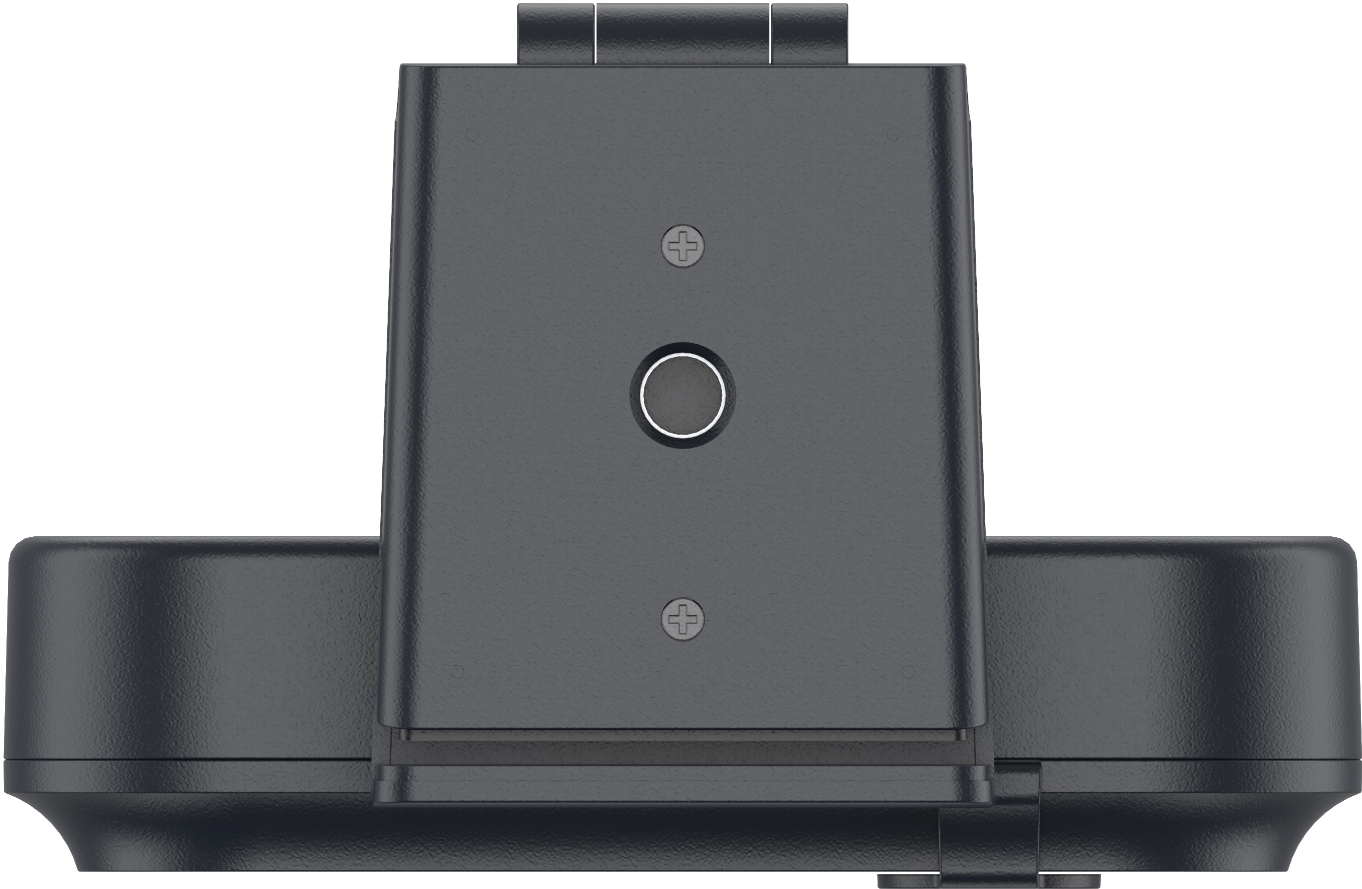 Appareil électronique noir avec un centre circulaire et des vis cruciformes.