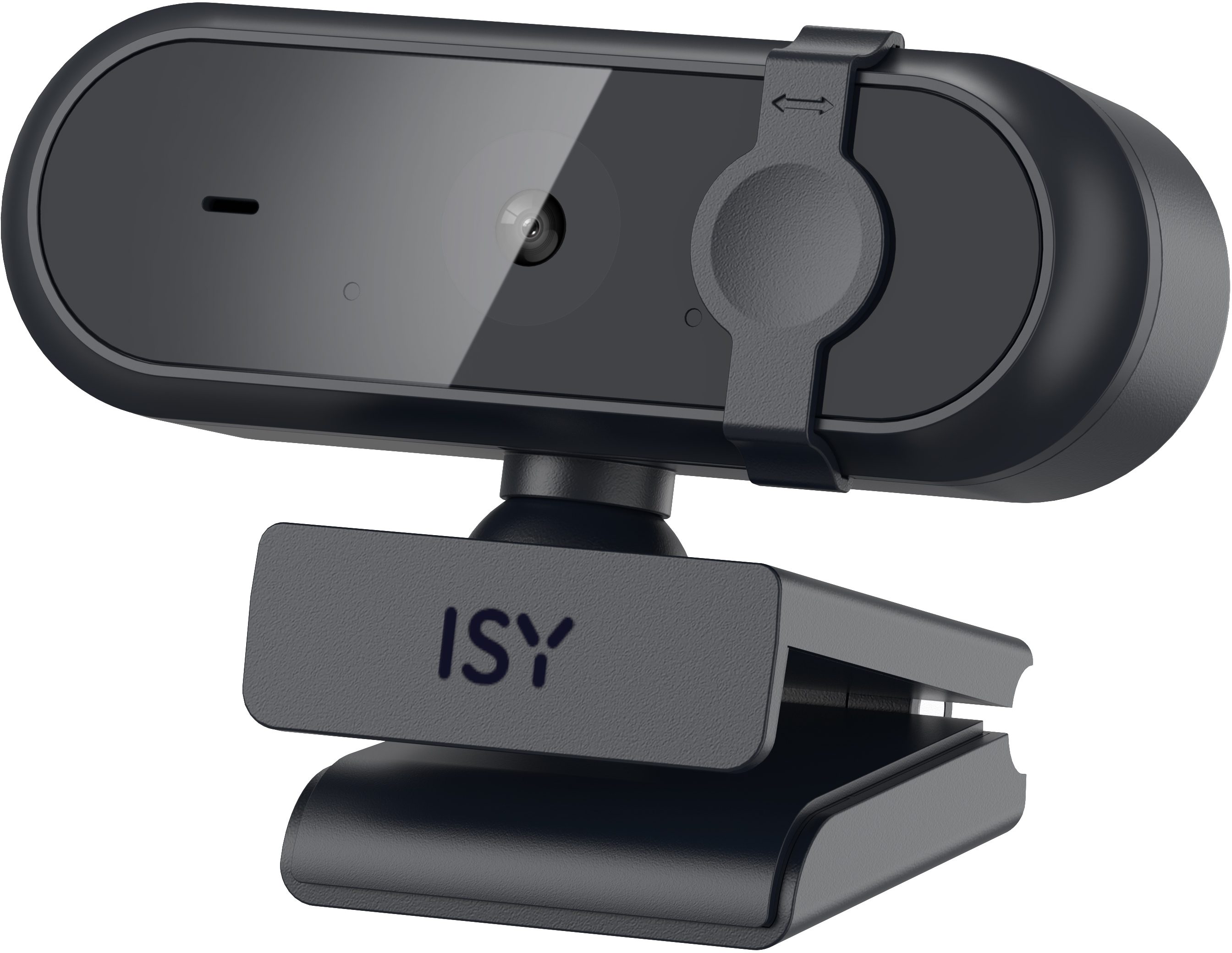 Une webcam noire avec base à clip et logo ISY, sur fond blanc.
