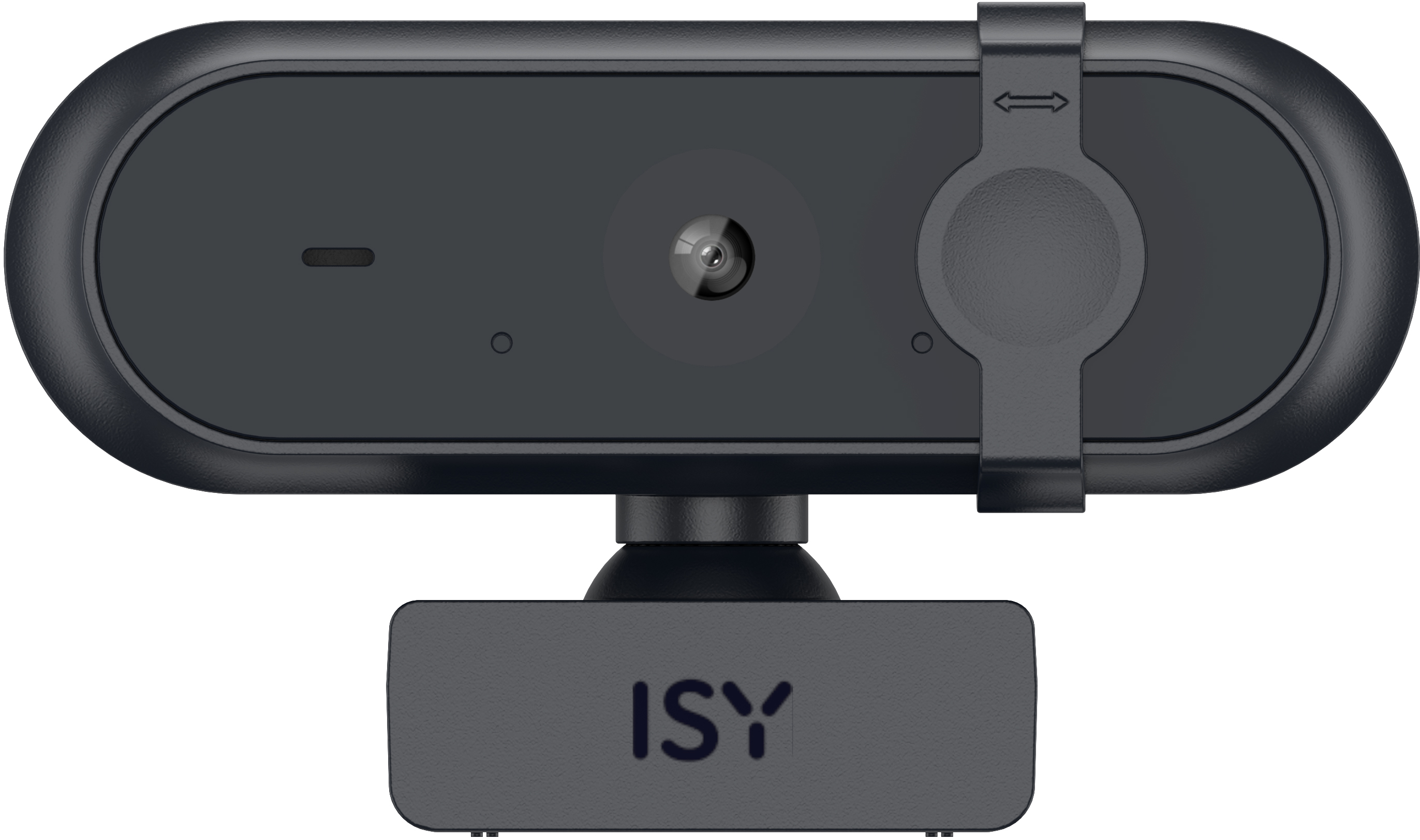 Webcam noire avec logo ISY sur le support, vue de face.