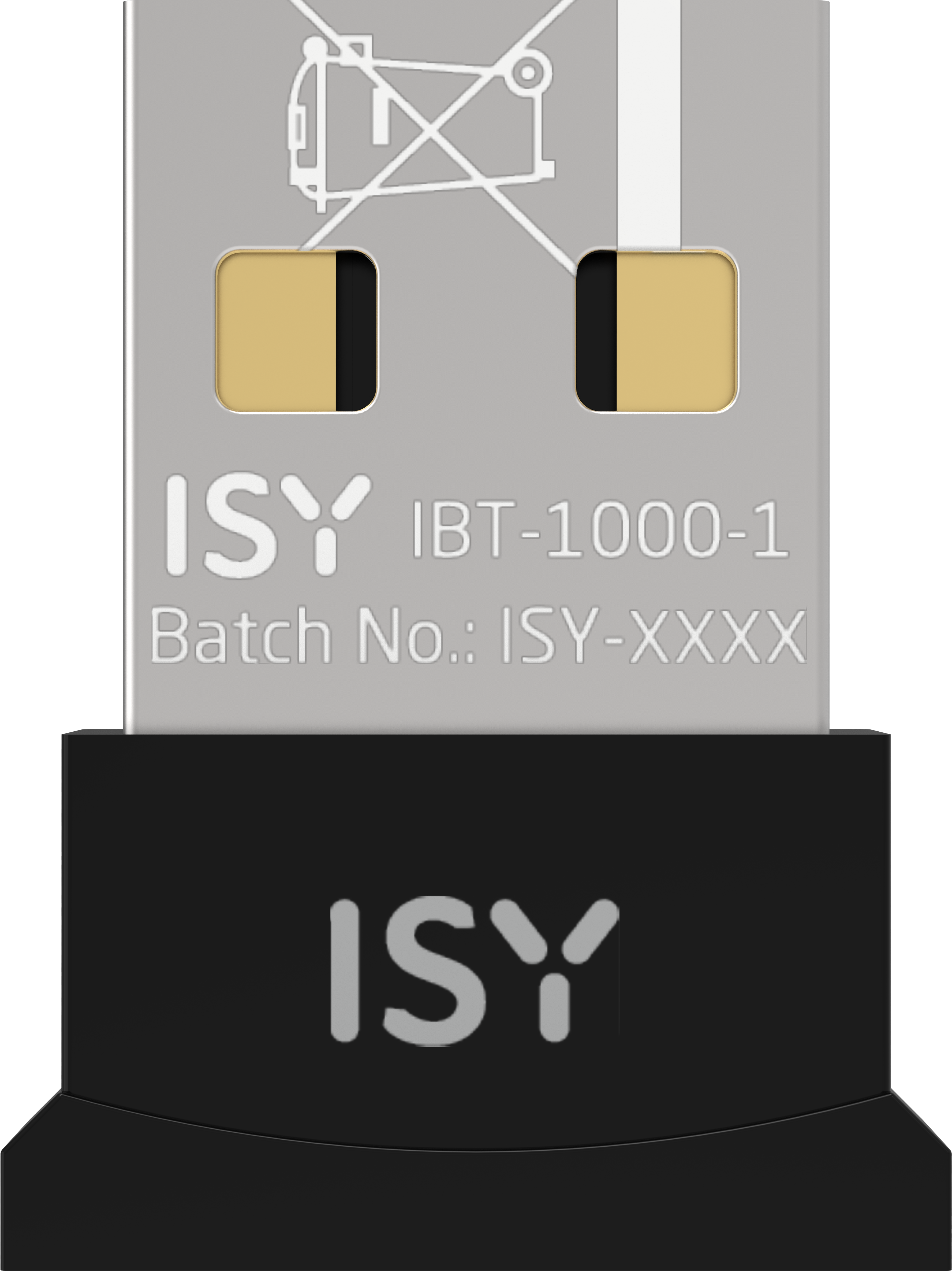 Une clé USB argentée avec boîtier noir et logo ISY.