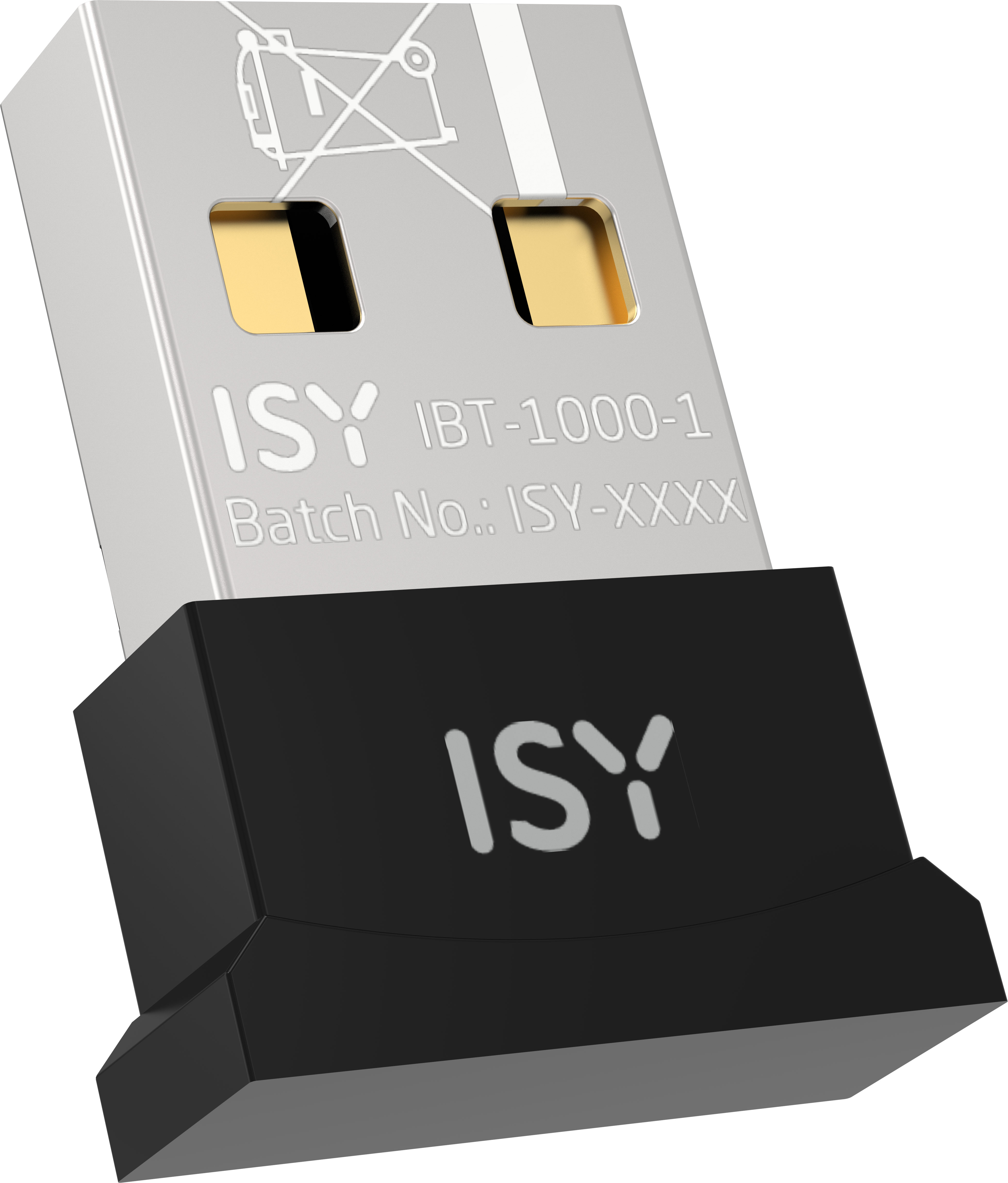 Une clé USB argentée avec une base noire et logo ISY.