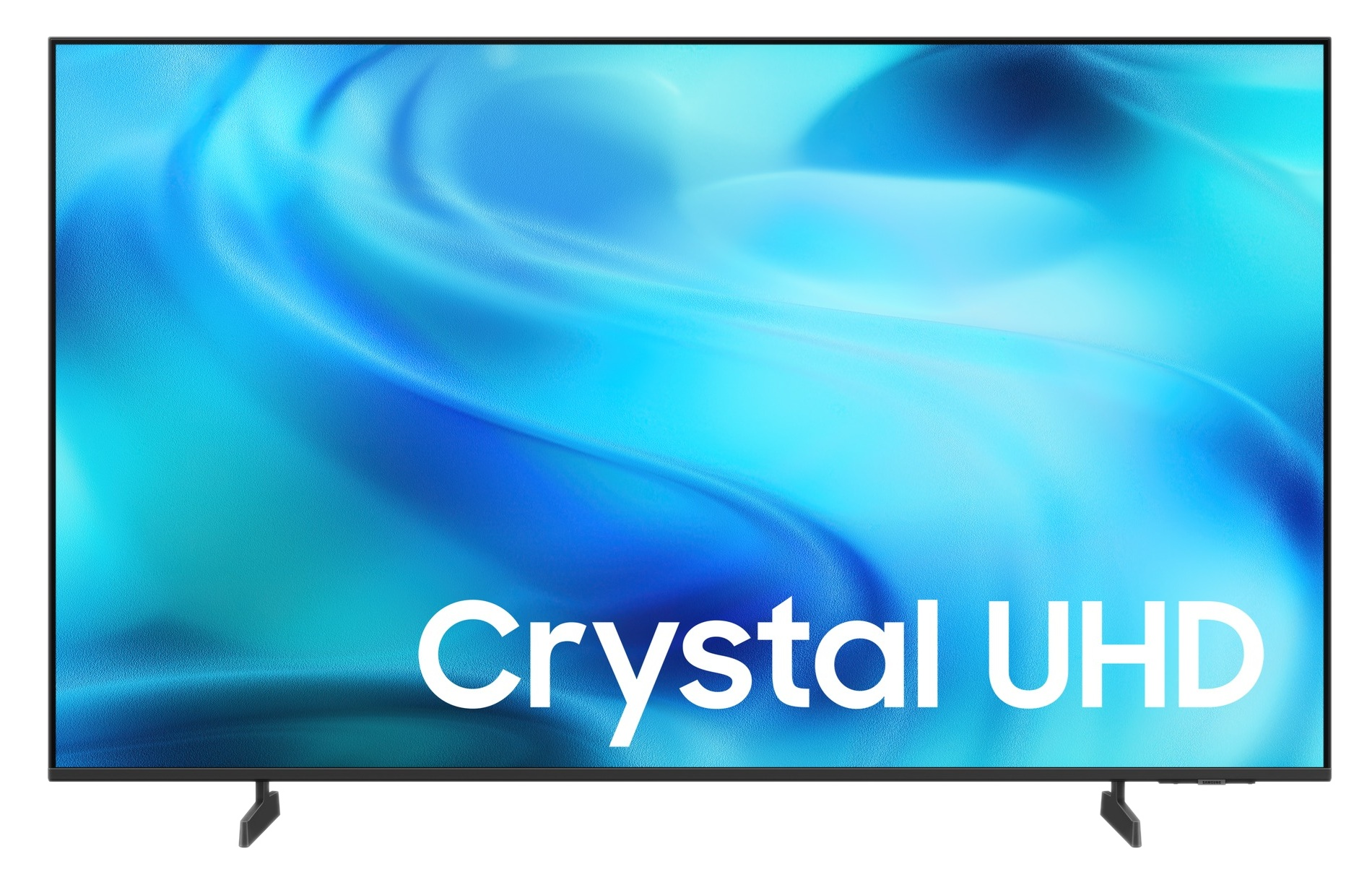 Nowoczesny telewizor wyświetlający "Crystal UHD" na niebieskim tle.