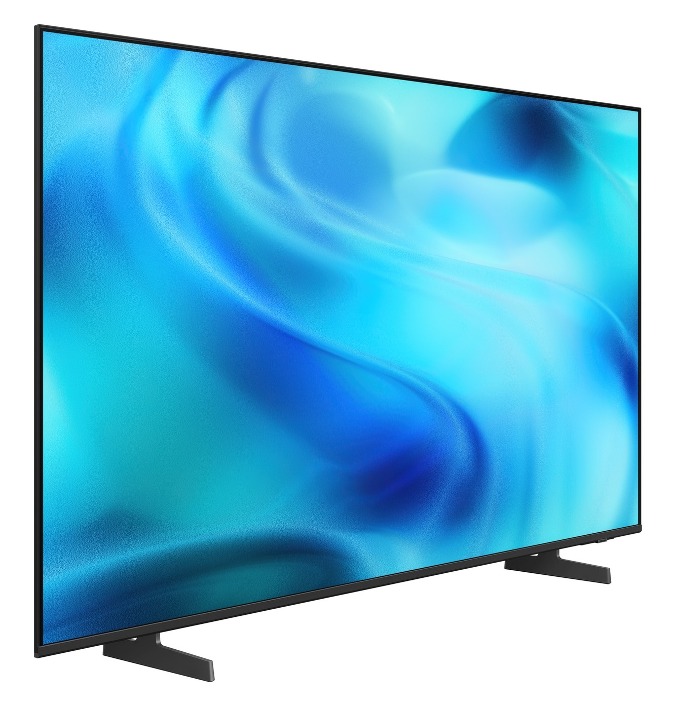 Nowoczesny telewizor z niebieskim, wirującym wzorem na ekranie.