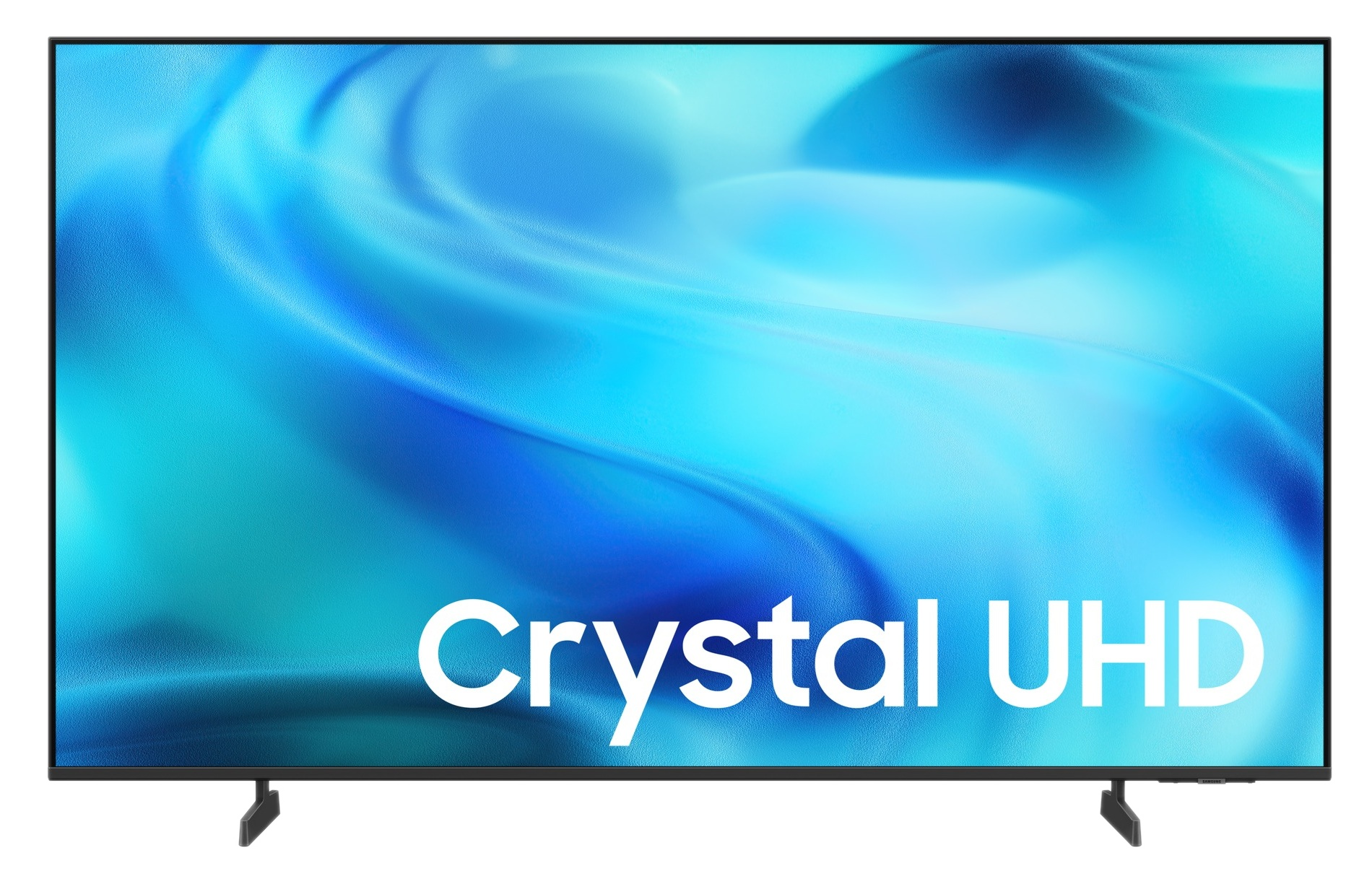 Nowoczesny telewizor z napisem "Crystal UHD" na niebieskim, wirującym tle.