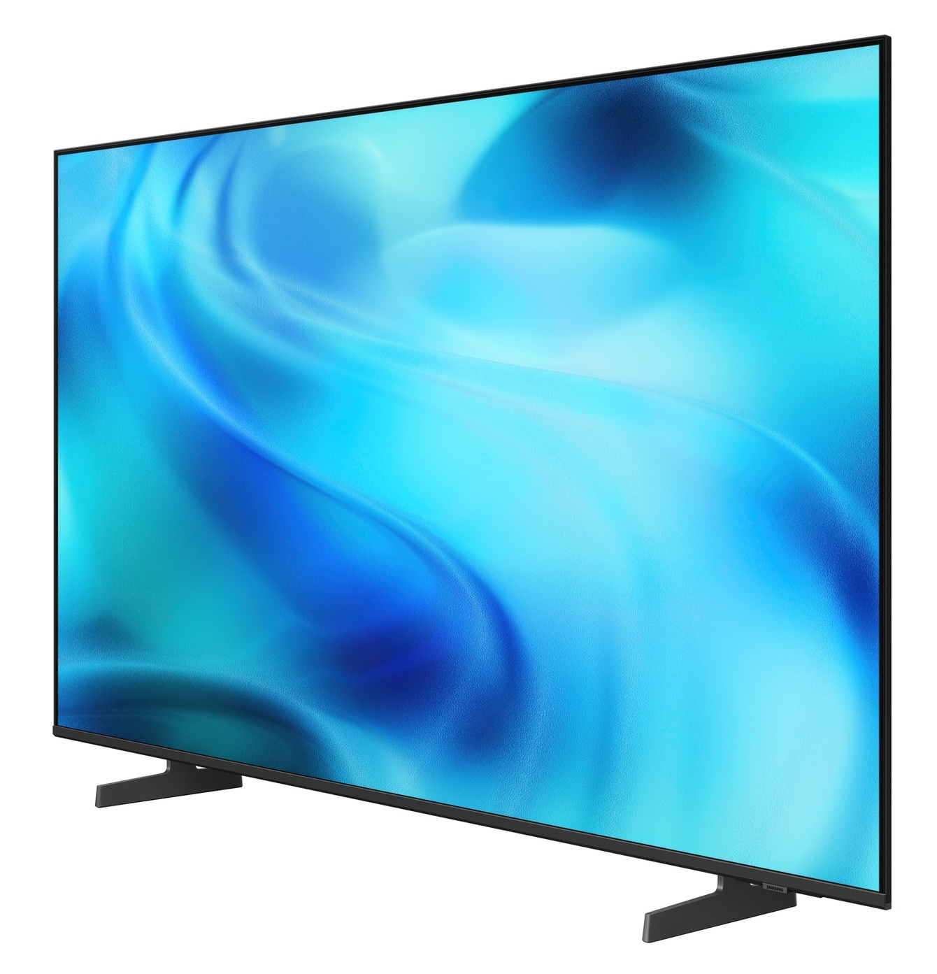 Nowoczesny telewizor z płaskim ekranem, czarną ramką i elegancką podstawą.