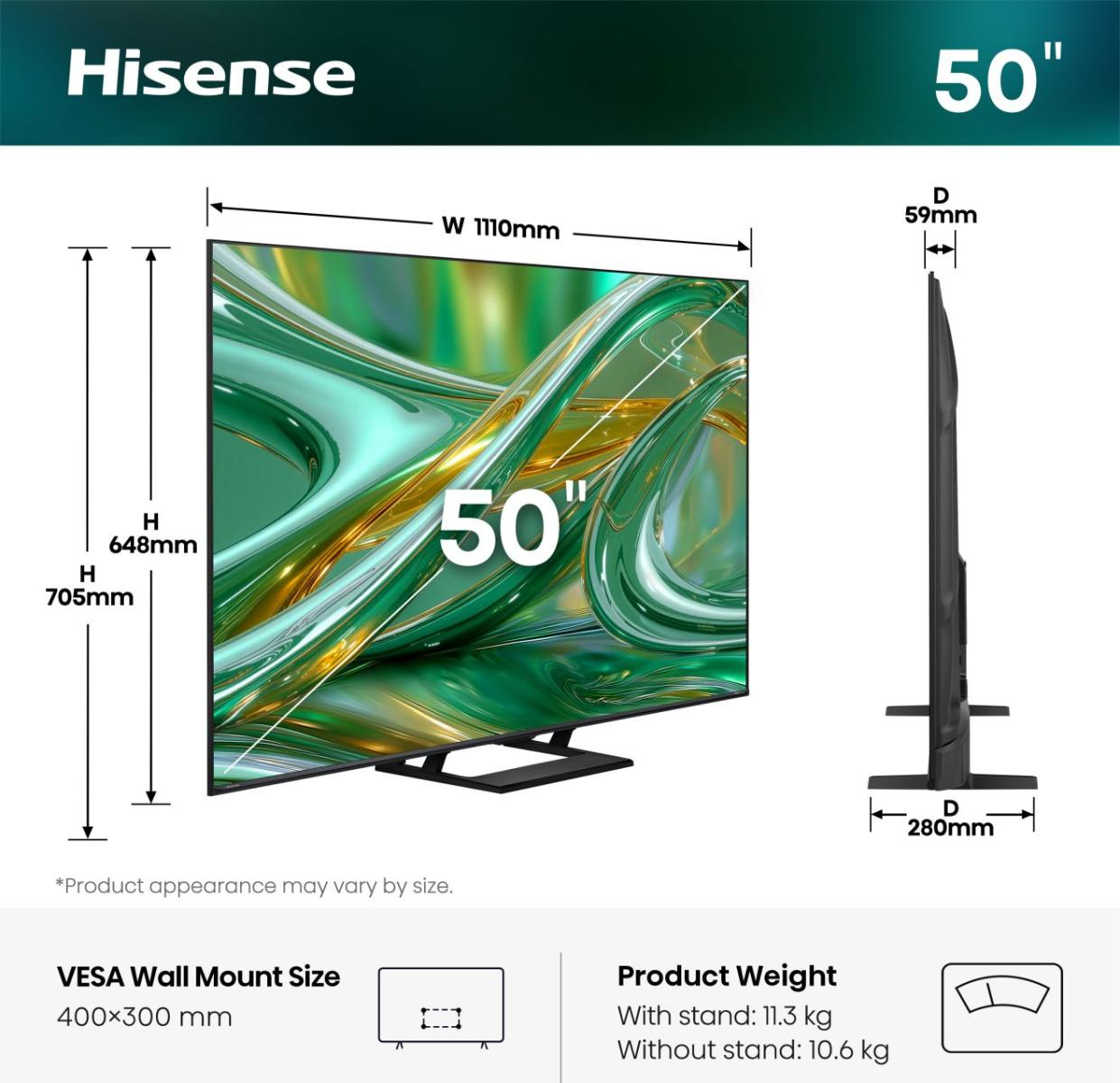 Wymiary telewizora Hisense 50 cali: Szer. 1110mm, Wys. 705mm, Gł. 59mm. VESA 400x300mm.