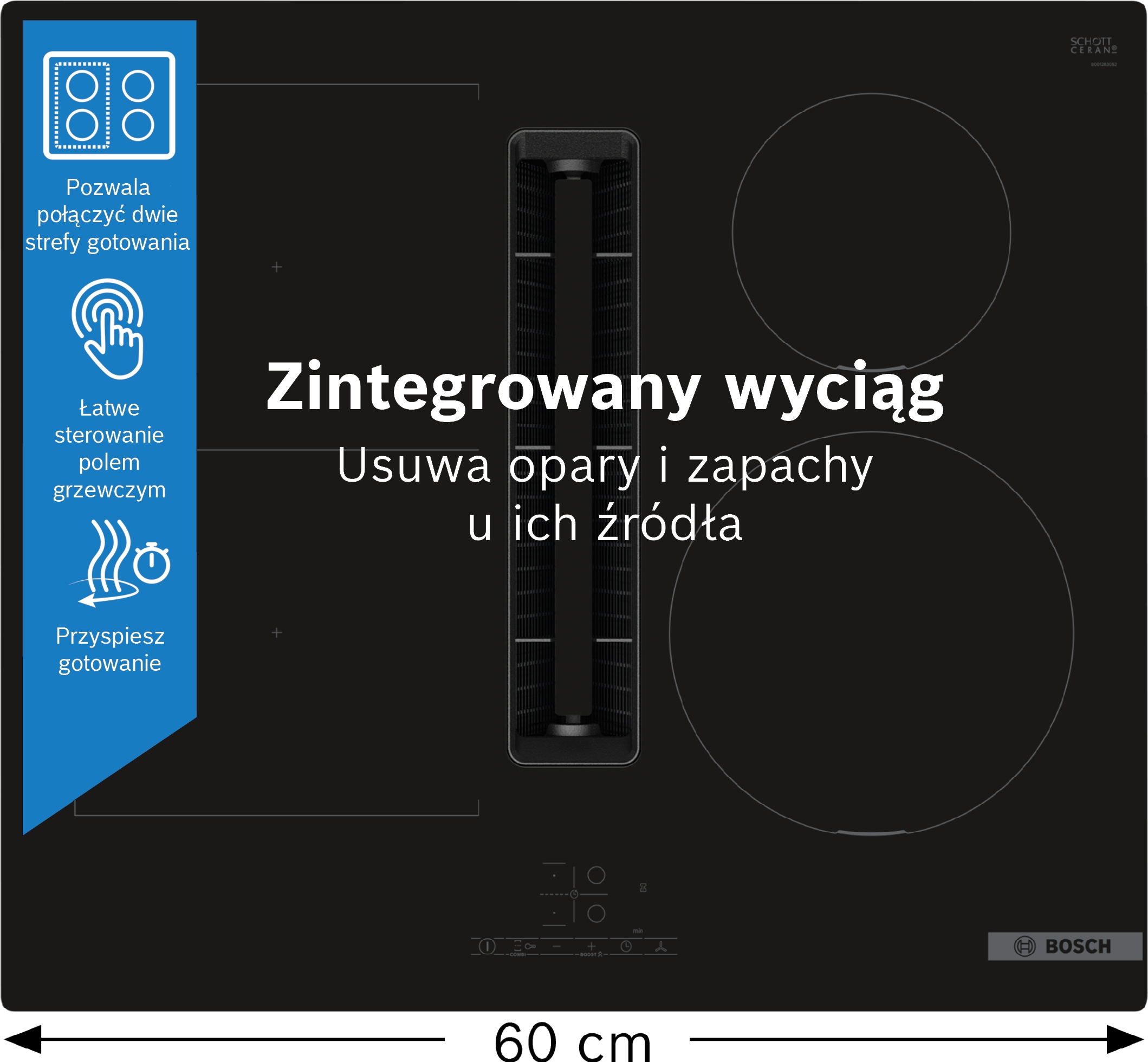 Czarna płyta indukcyjna ze zintegrowanym okapem i elementami sterującymi.