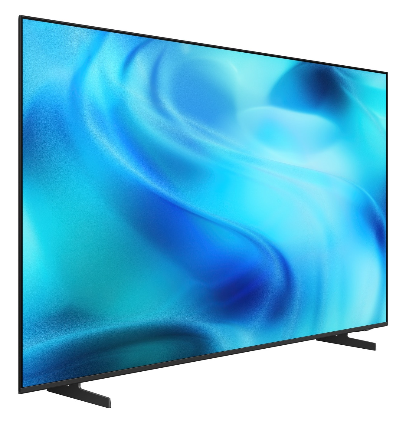 Nowoczesny telewizor z dynamicznym, niebieskim tłem abstrakcyjnym.