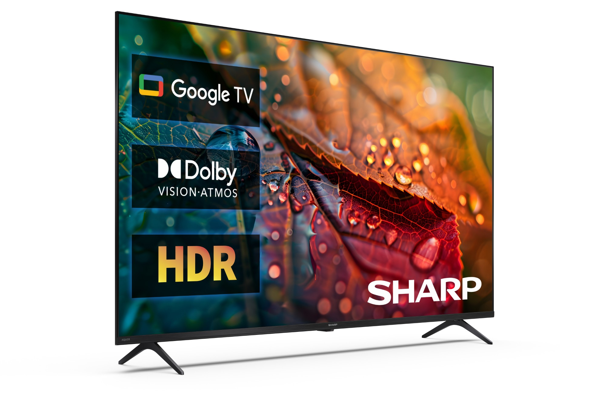 Telewizor Sharp wyświetlający Google TV, Dolby Vision-Atmos i grafikę HDR.