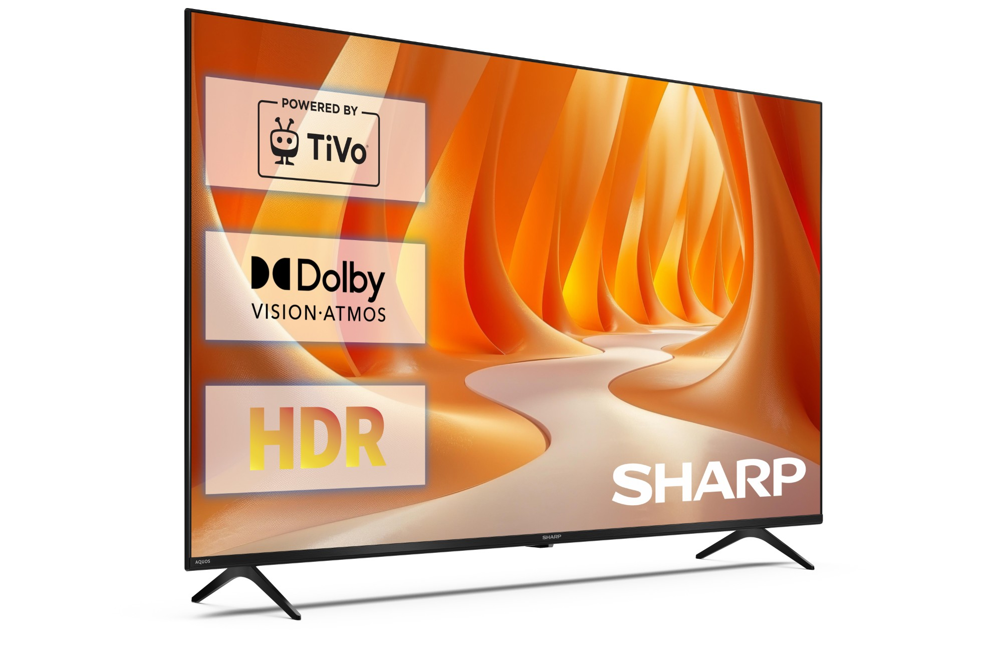 Telewizor Sharp wyświetlający logo TiVo, Dolby Vision-Atmos i HDR.