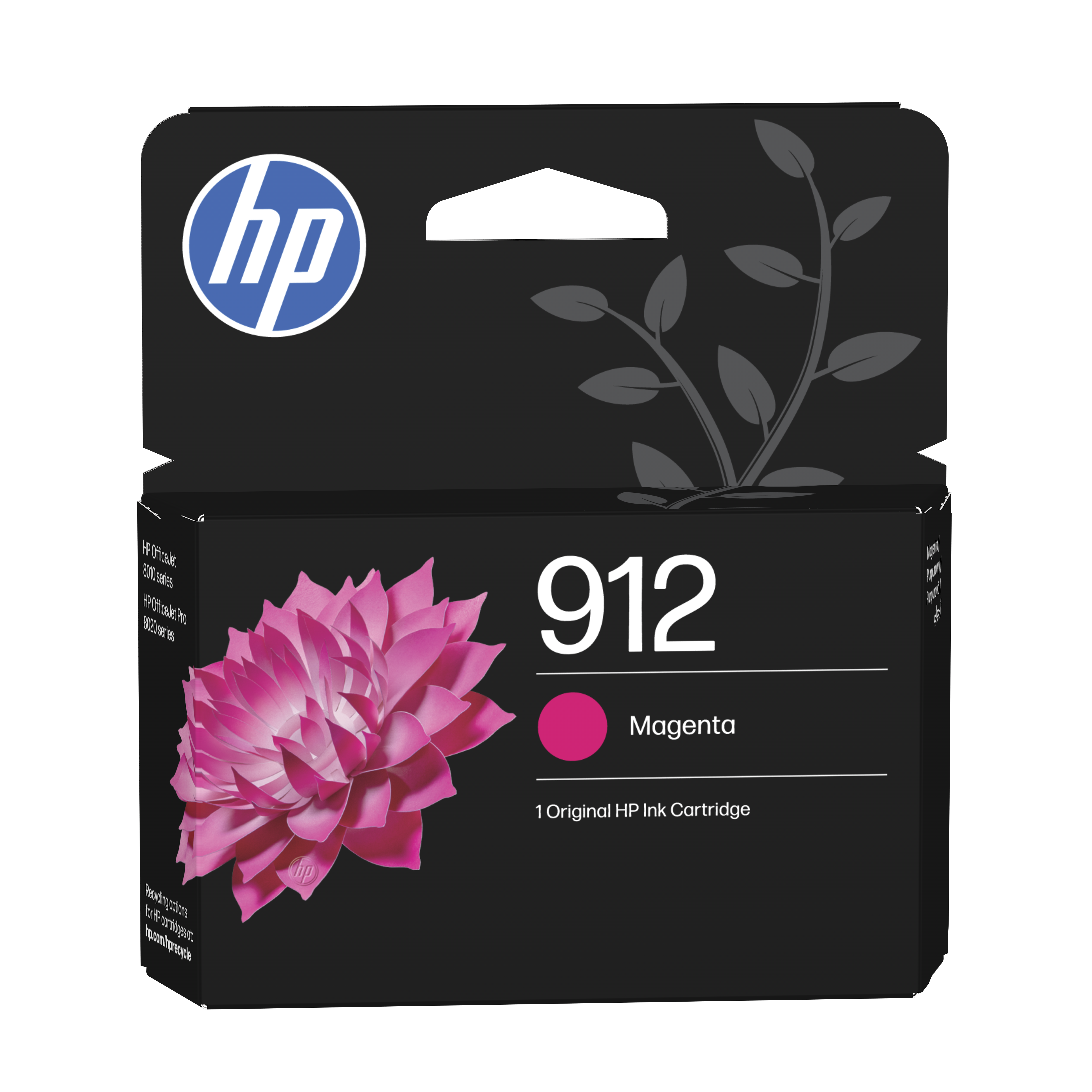 HP 912 Magenta Tinte Patrone mit HP Logo und Blütenmotiv.