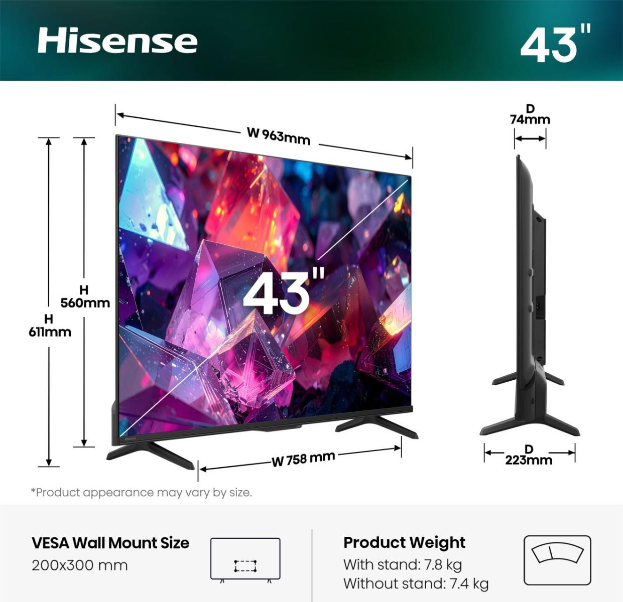 Hisense 43-Zoll-Fernseher mit Maßen und Gewichtsanzeige.