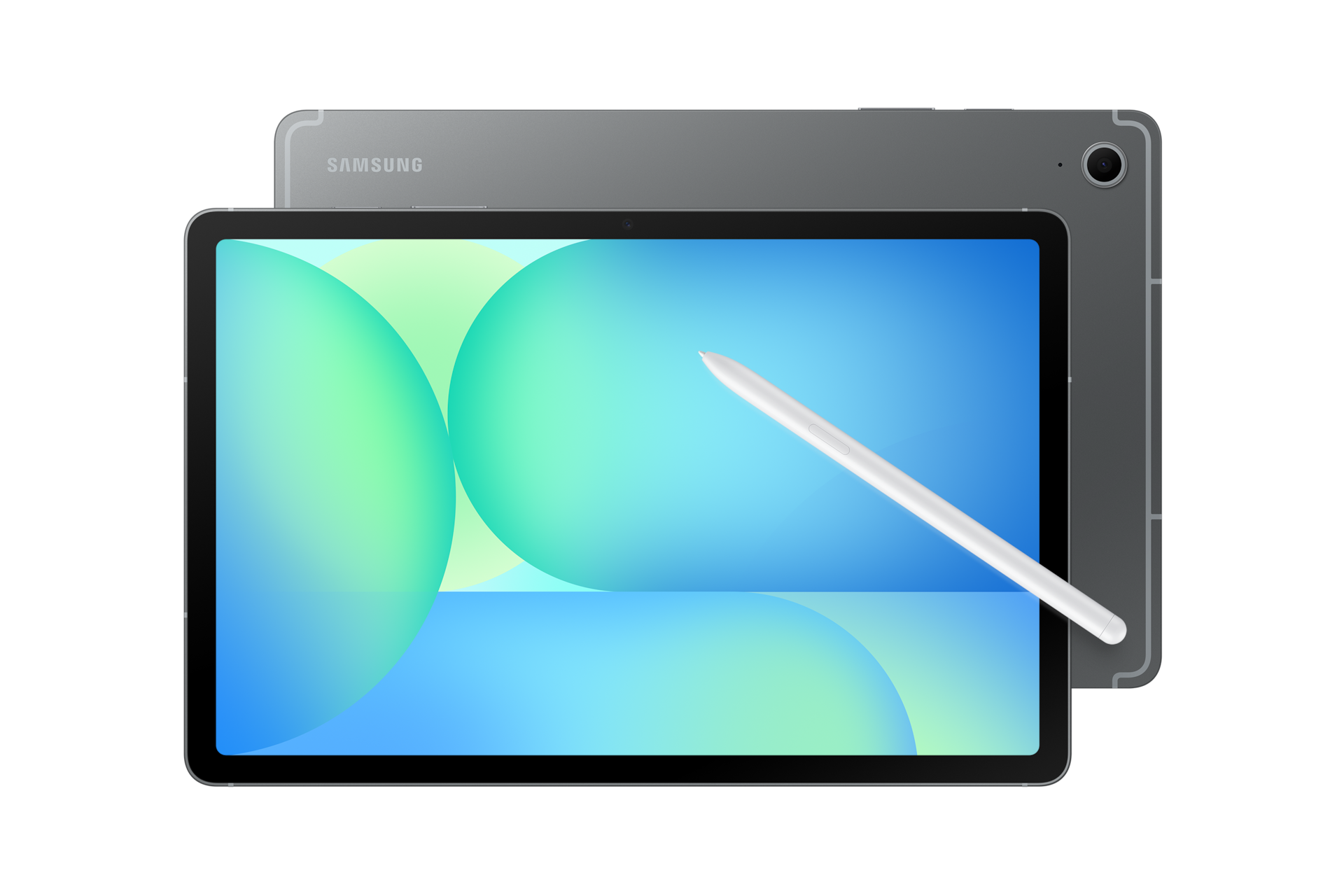 Szary tablet Samsung z rysikiem i abstrakcyjnym tłem.