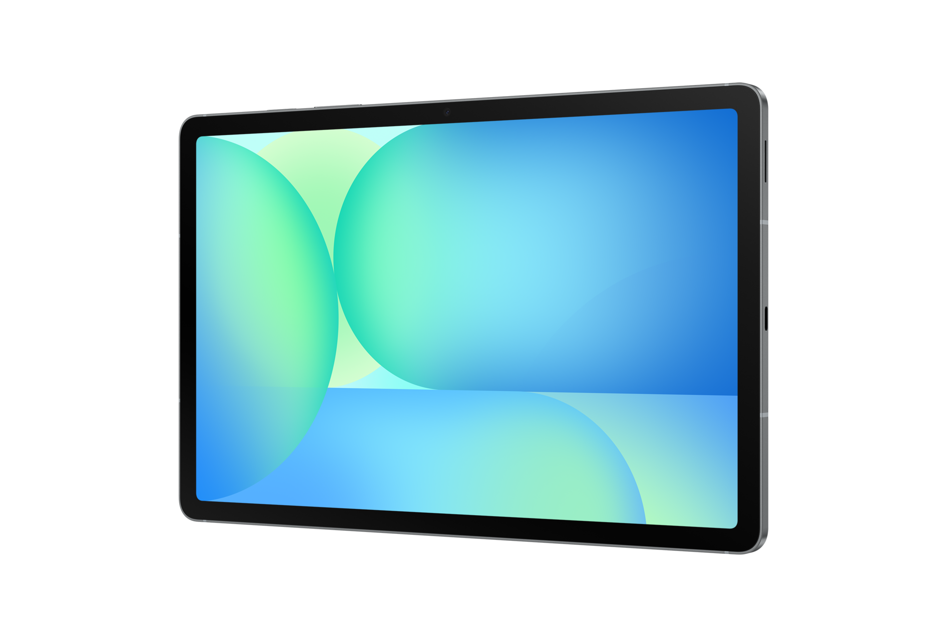 Srebrny tablet z abstrakcyjnym tłem niebieskich i zielonych kół.