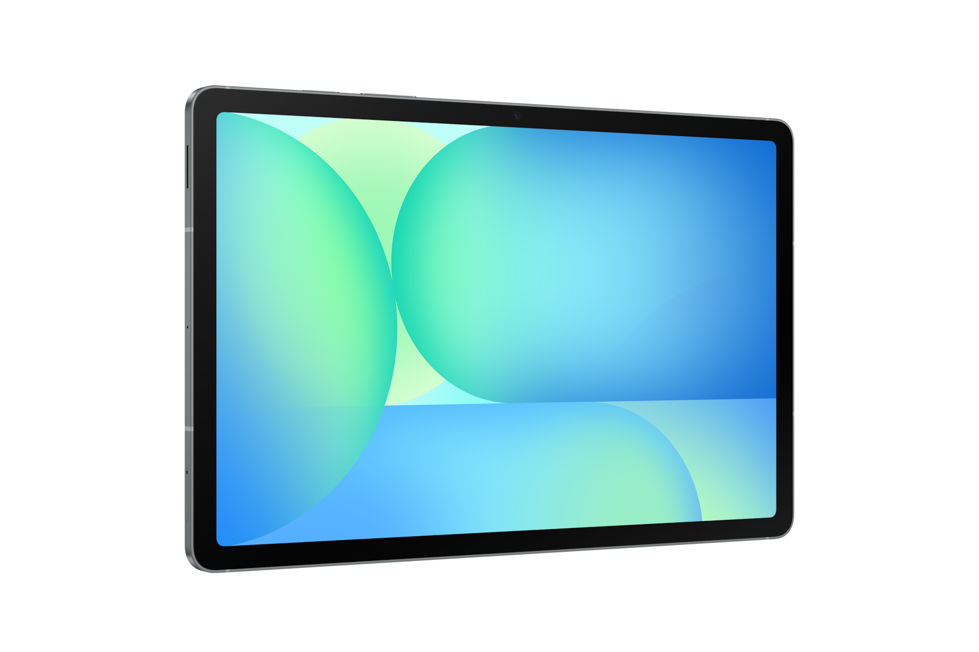 Srebrny tablet z abstrakcyjnym niebiesko-zielonym tłem.