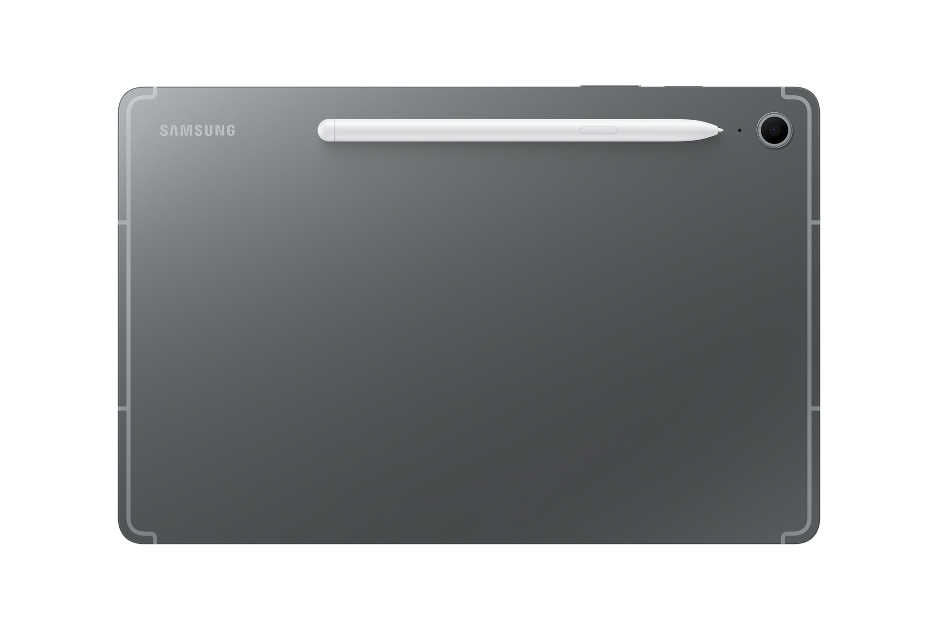 Szary tablet Samsung z białym rysikiem na czarnym tle.